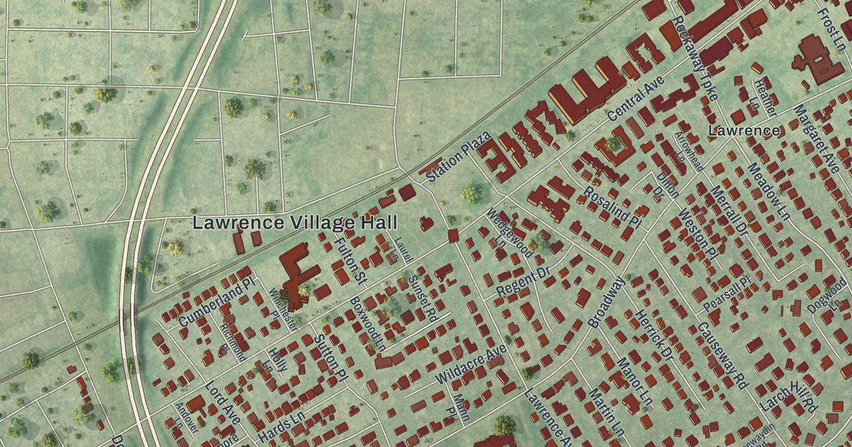 Close-up of streets and buildings in Lawrence, Nassau County, New York