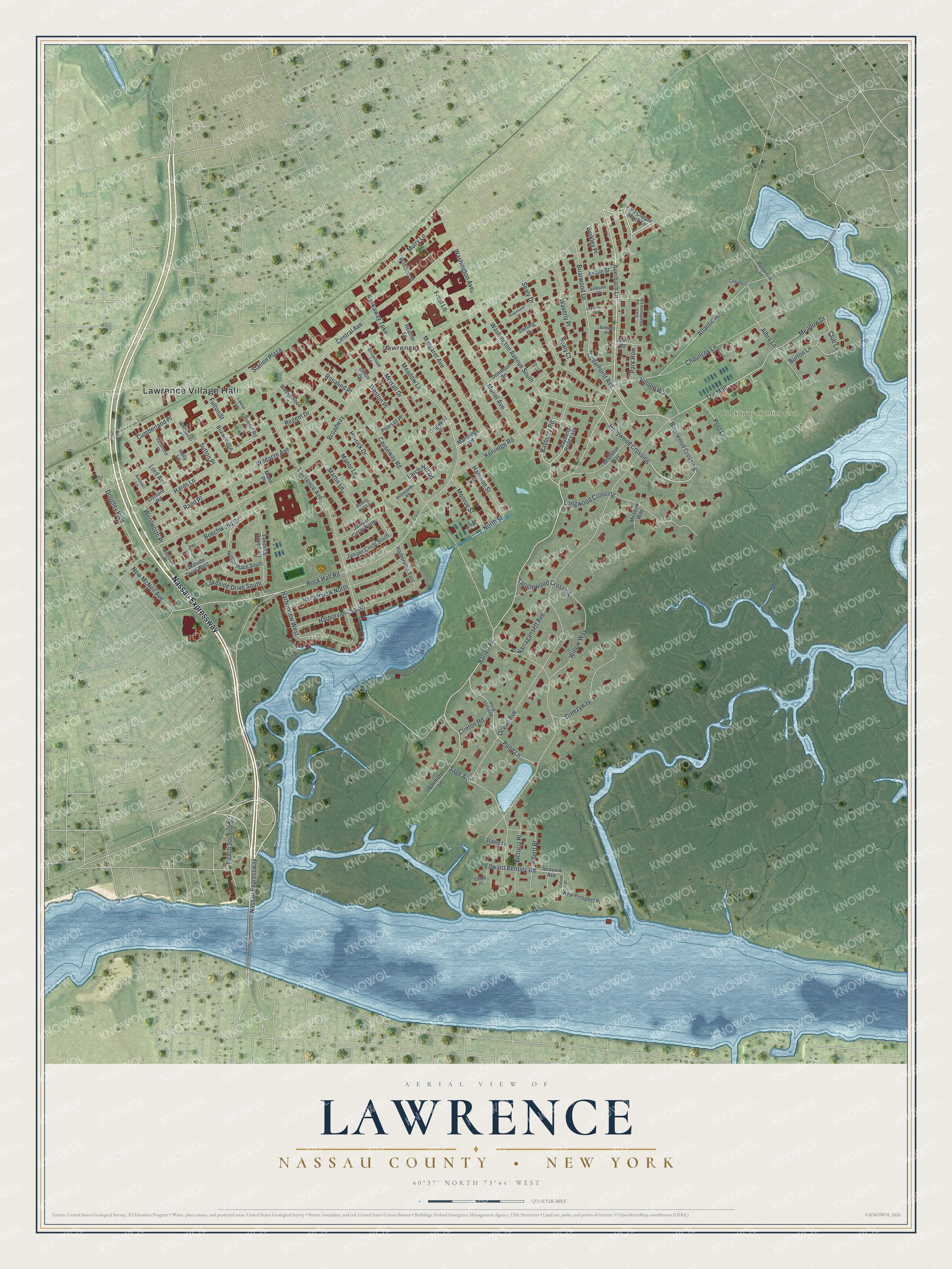 Detailed map of Lawrence, Nassau County, New York, showing streets and buildings