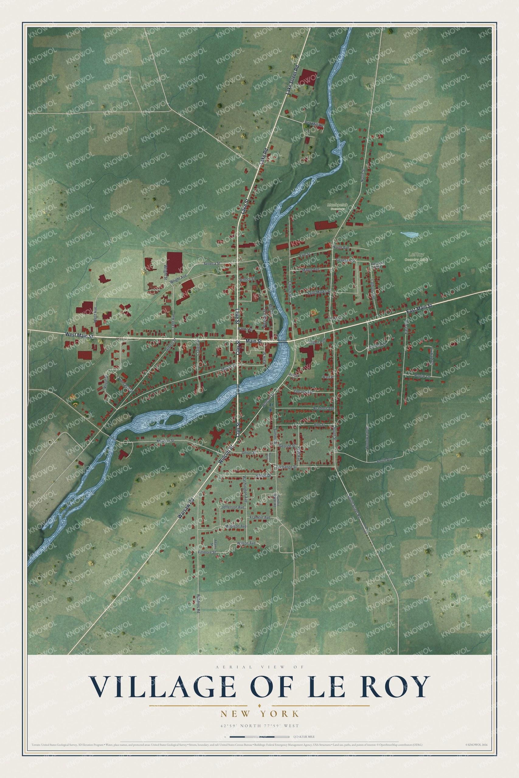 Detailed map of the Village of Le Roy, New York, showing streets, buildings, and parks