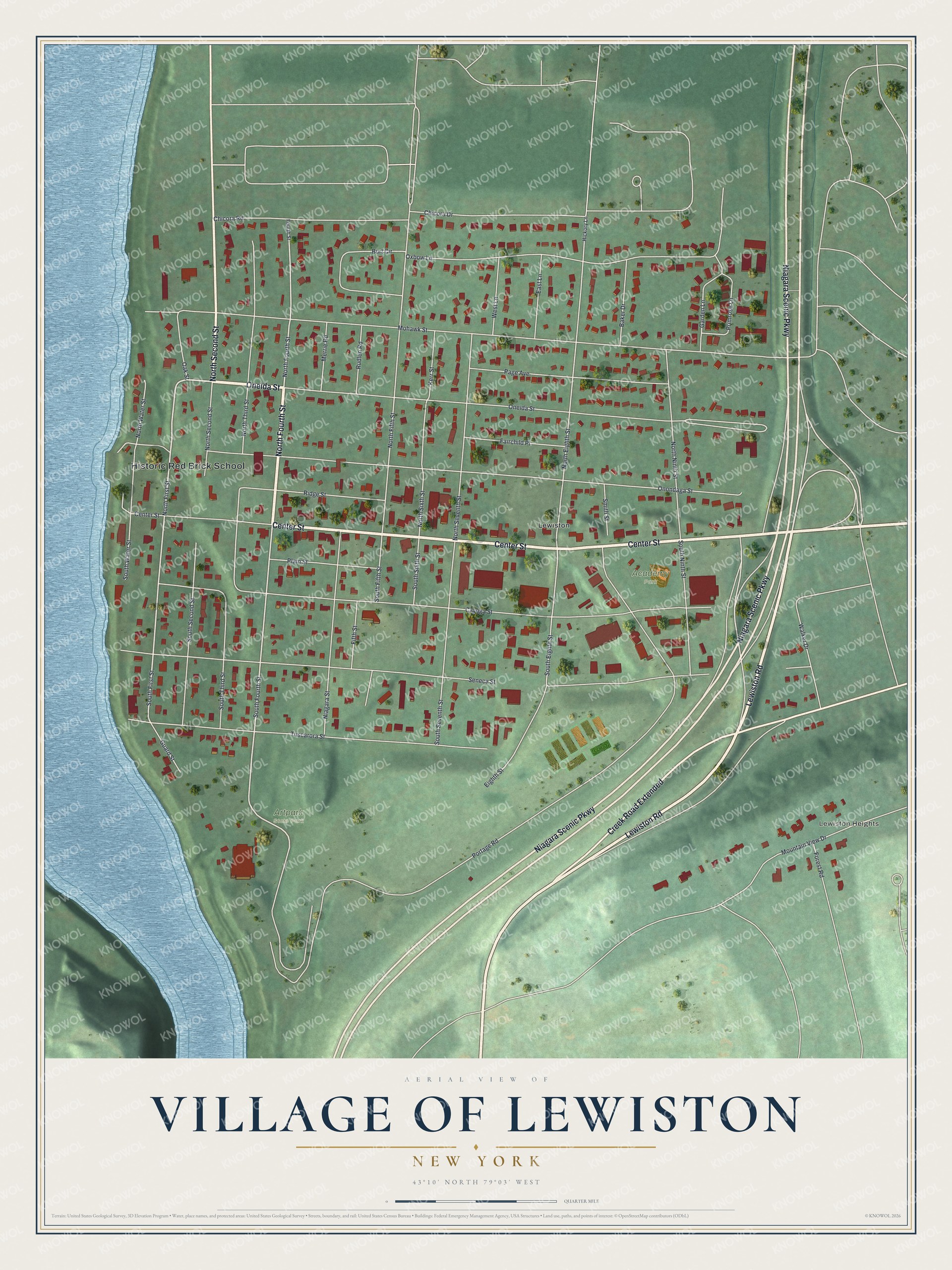 Detailed map of the Village of Lewiston, New York, showing streets, buildings, and parks
