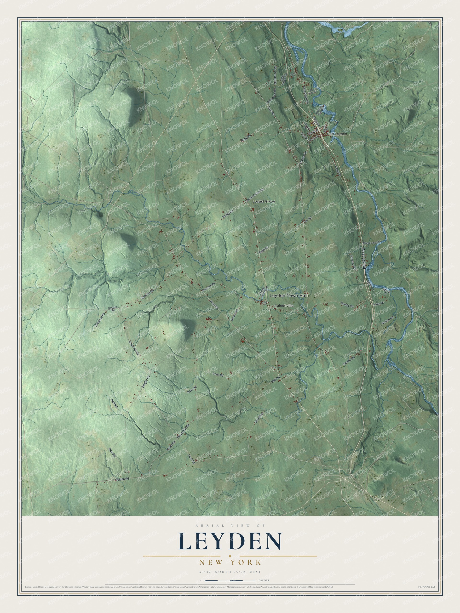 Detailed map of Leyden, New York, showing streets, buildings, and neighborhoods