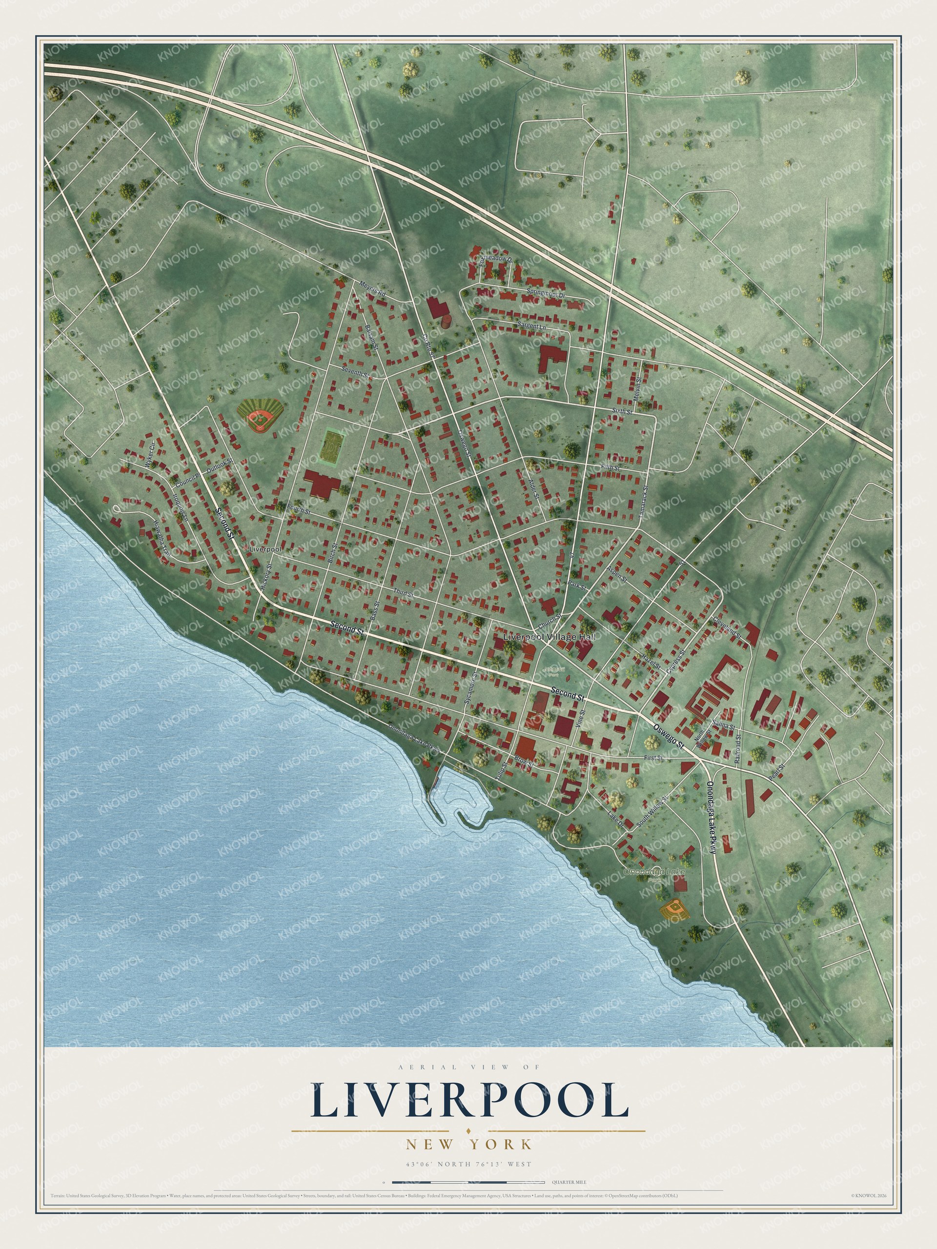 Detailed map of Liverpool, New York, showing streets, buildings, and parks