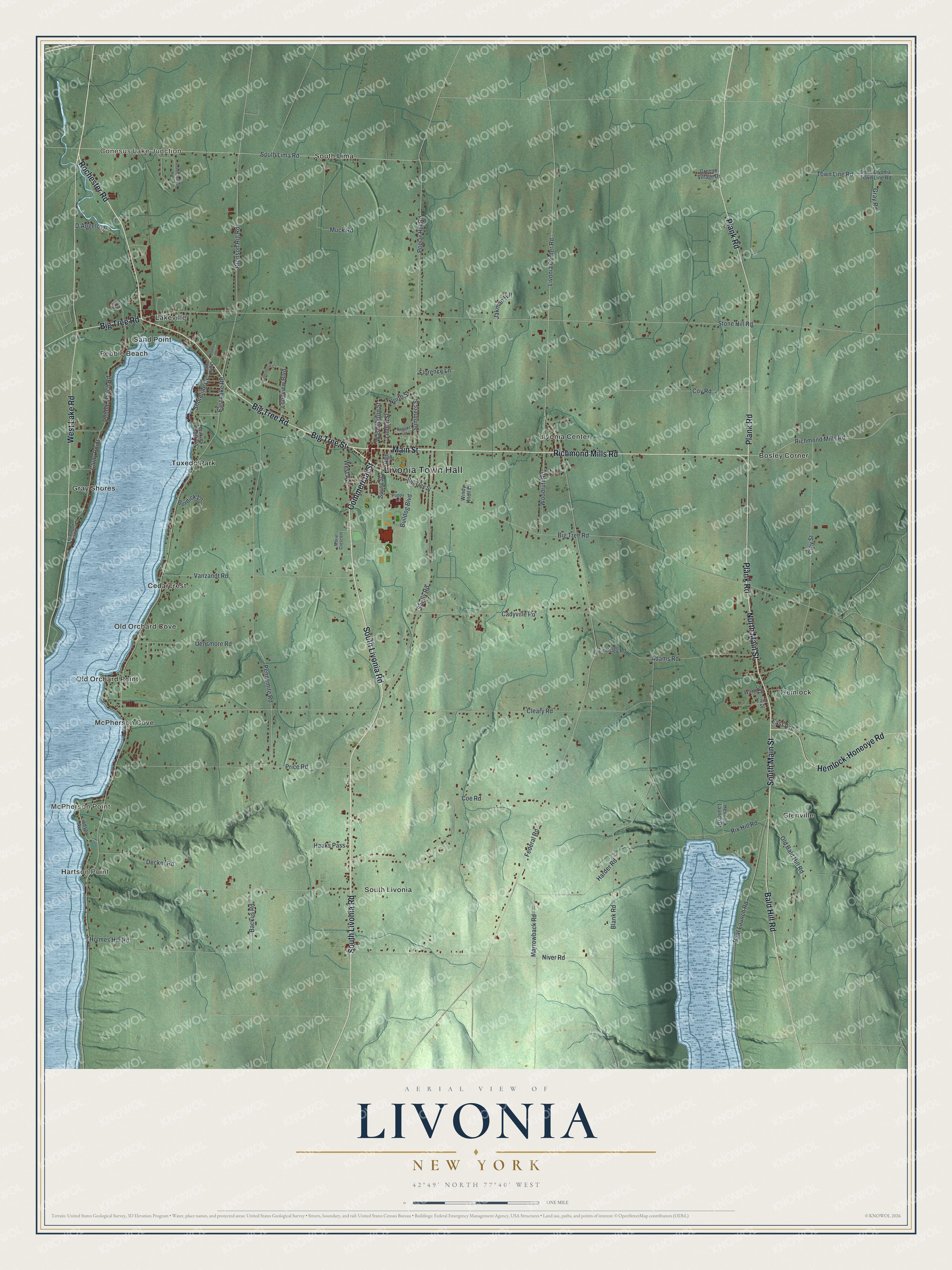 Detailed map of Livonia, New York, showing streets, buildings, and neighborhoods