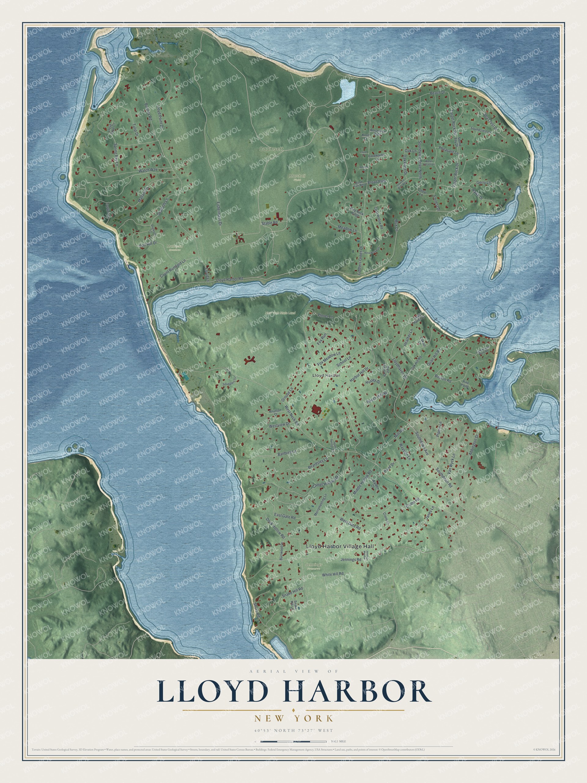 Detailed map of Lloyd Harbor, New York, showing streets, buildings, beaches, and parks