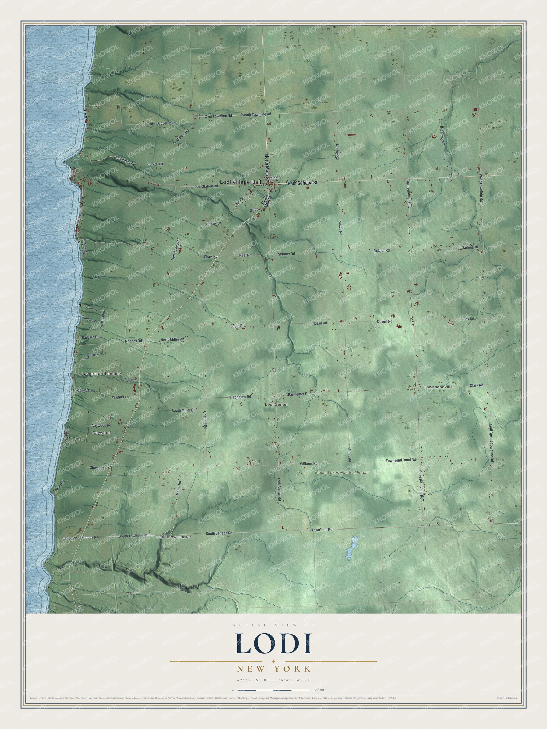 Detailed map of Lodi, New York, showing streets, buildings, neighborhoods, and parks