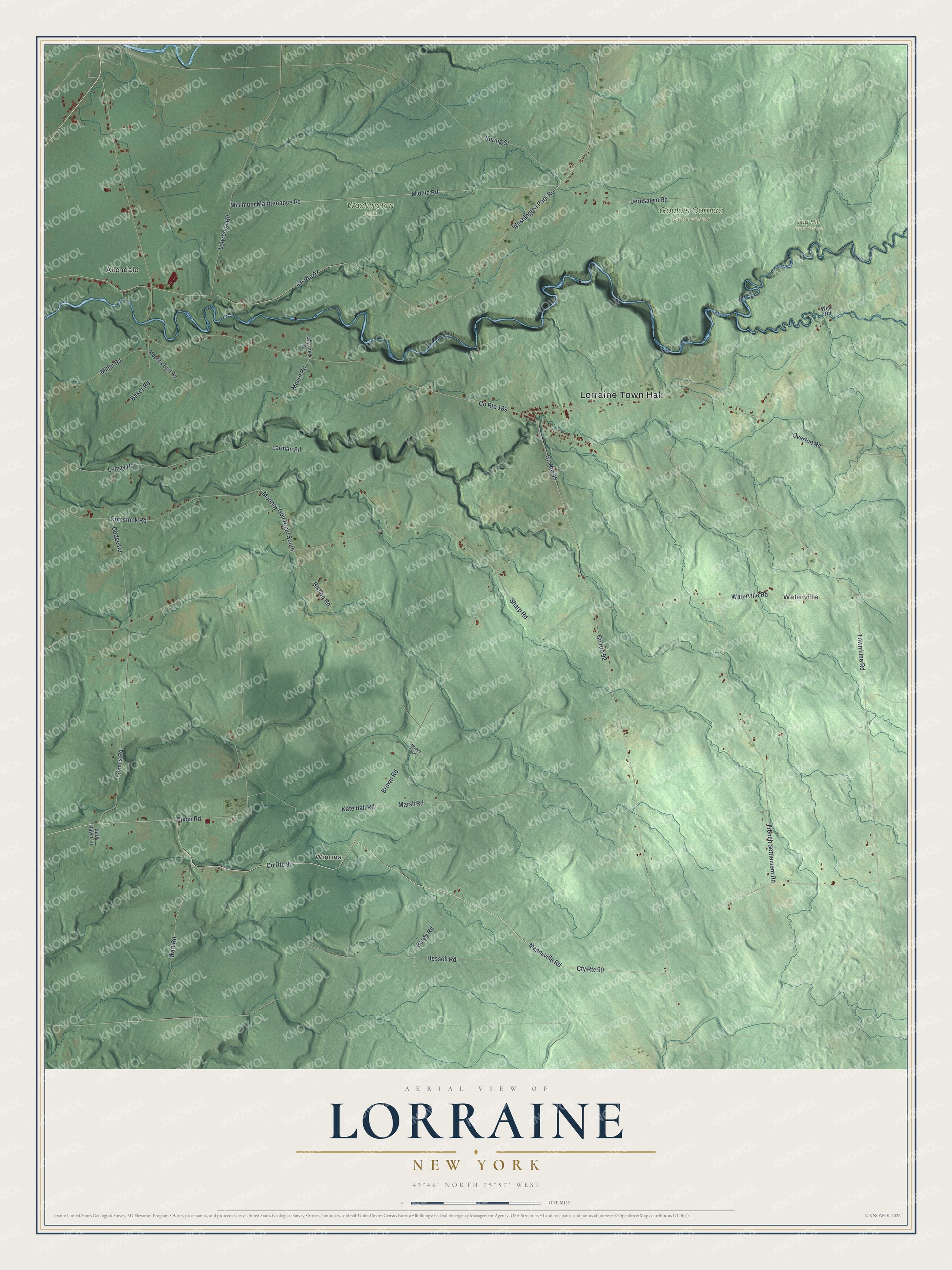 Detailed map of Lorraine, New York, showing streets, buildings, neighborhoods, and parks