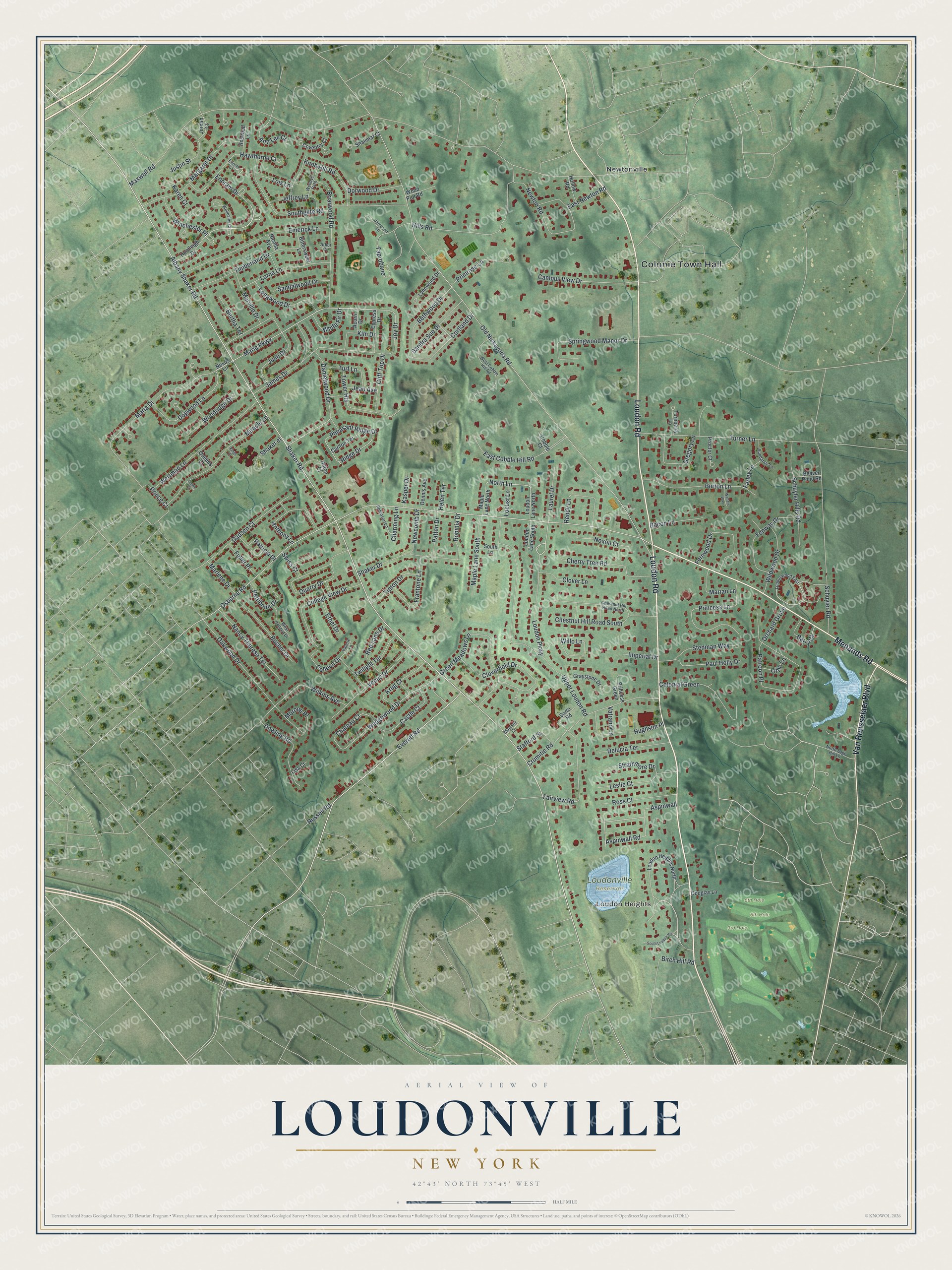 Detailed map of Loudonville, New York, showing streets, buildings, and neighborhoods
