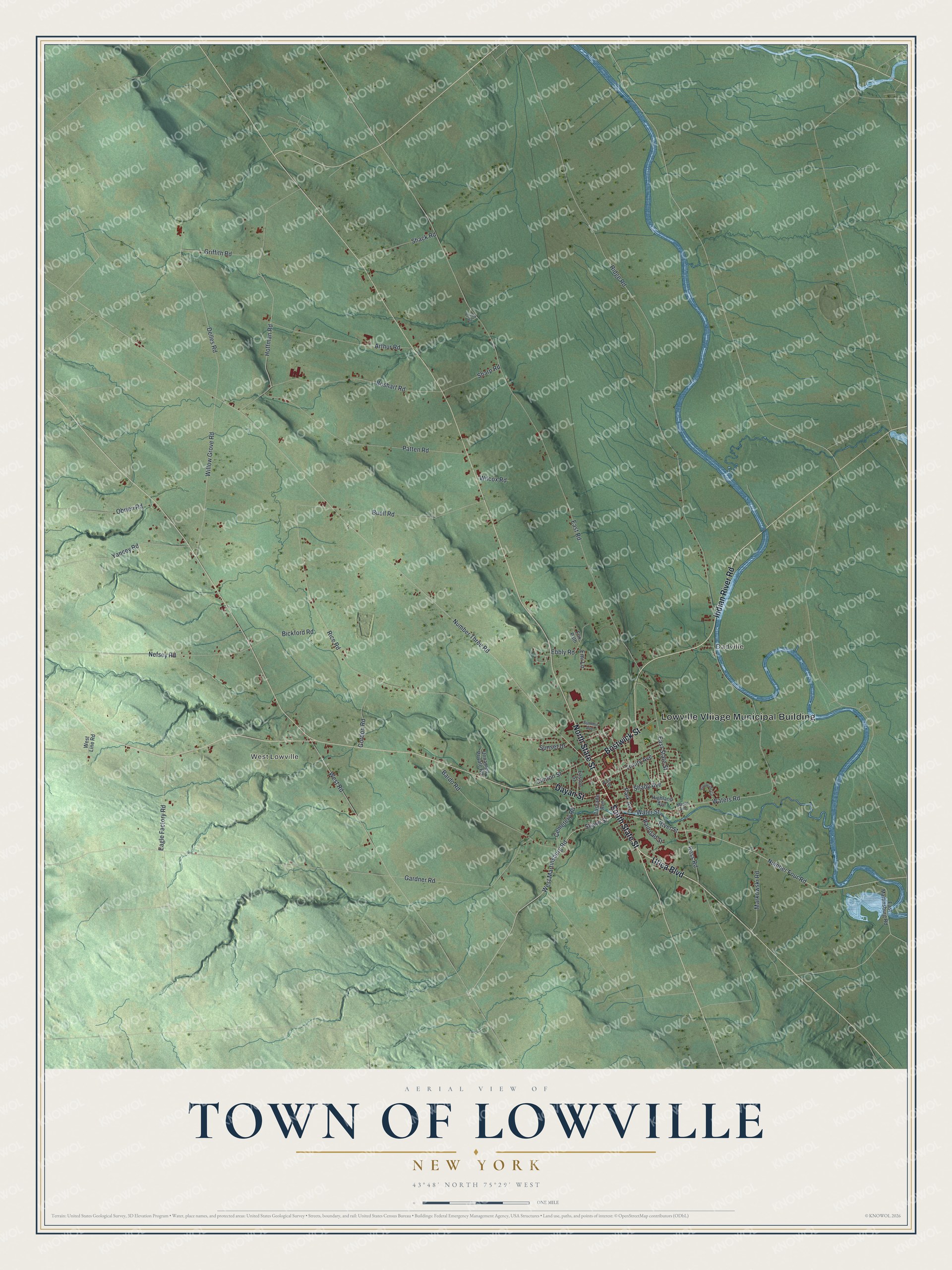 Detailed map of the Town of Lowville, New York, showing streets, buildings, and neighborhoods