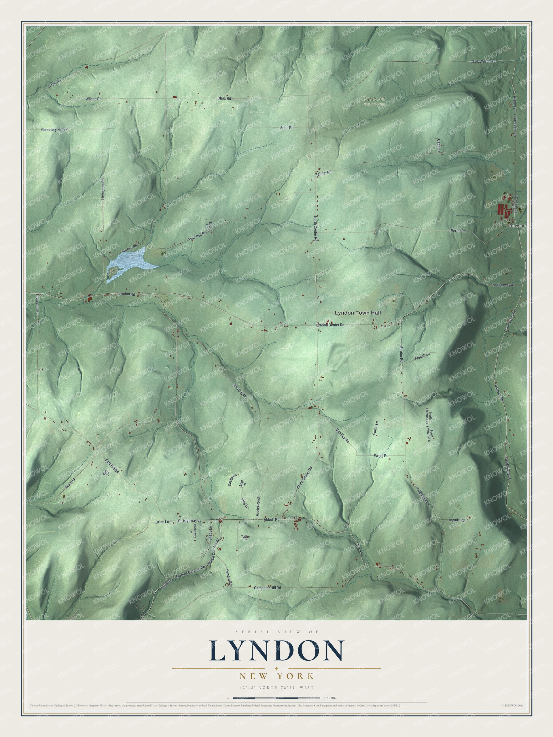 Detailed map of Lyndon, New York, showing streets, buildings, and parks