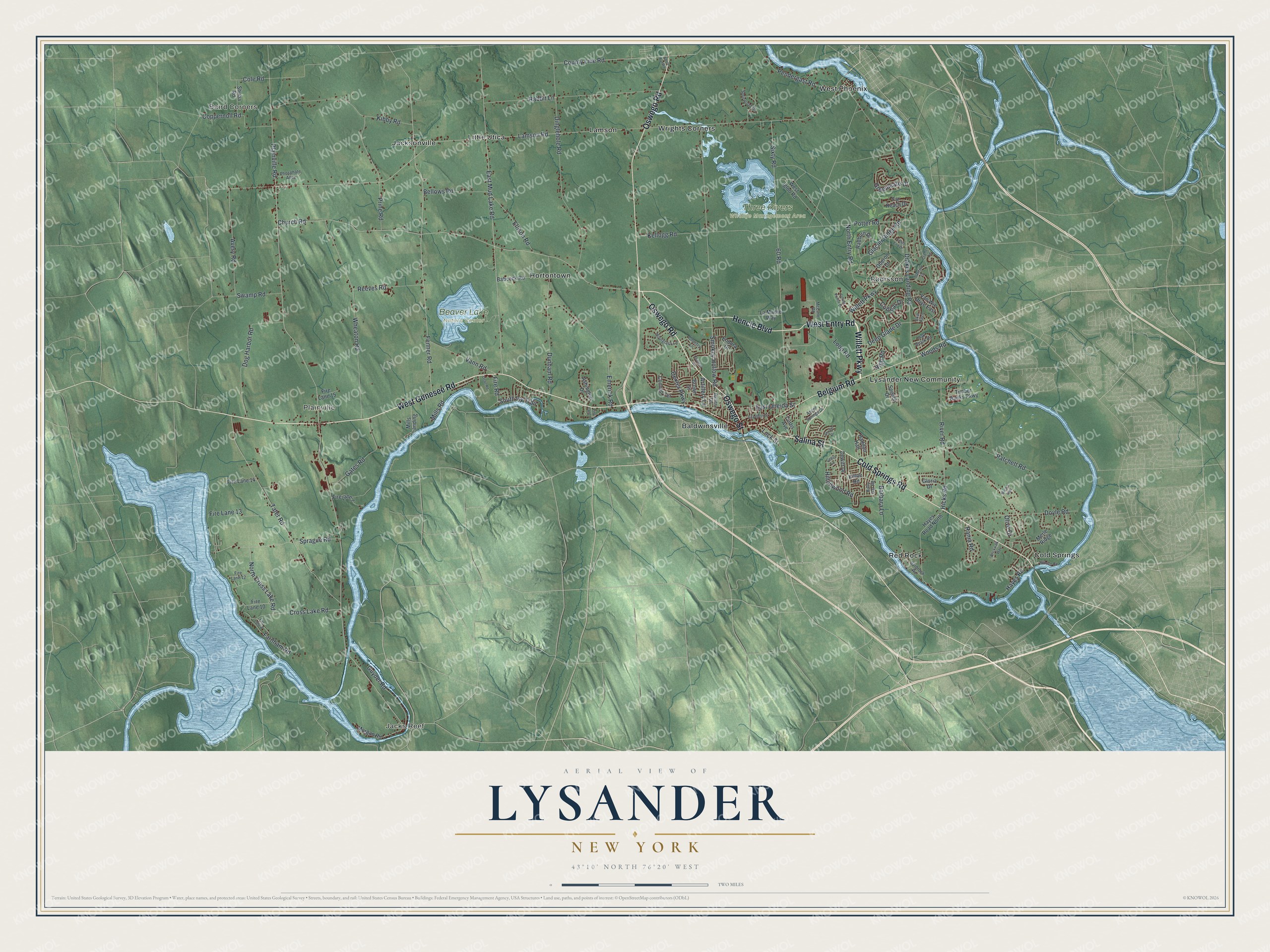 Detailed map of Lysander, New York, showing streets, buildings, neighborhoods, and parks