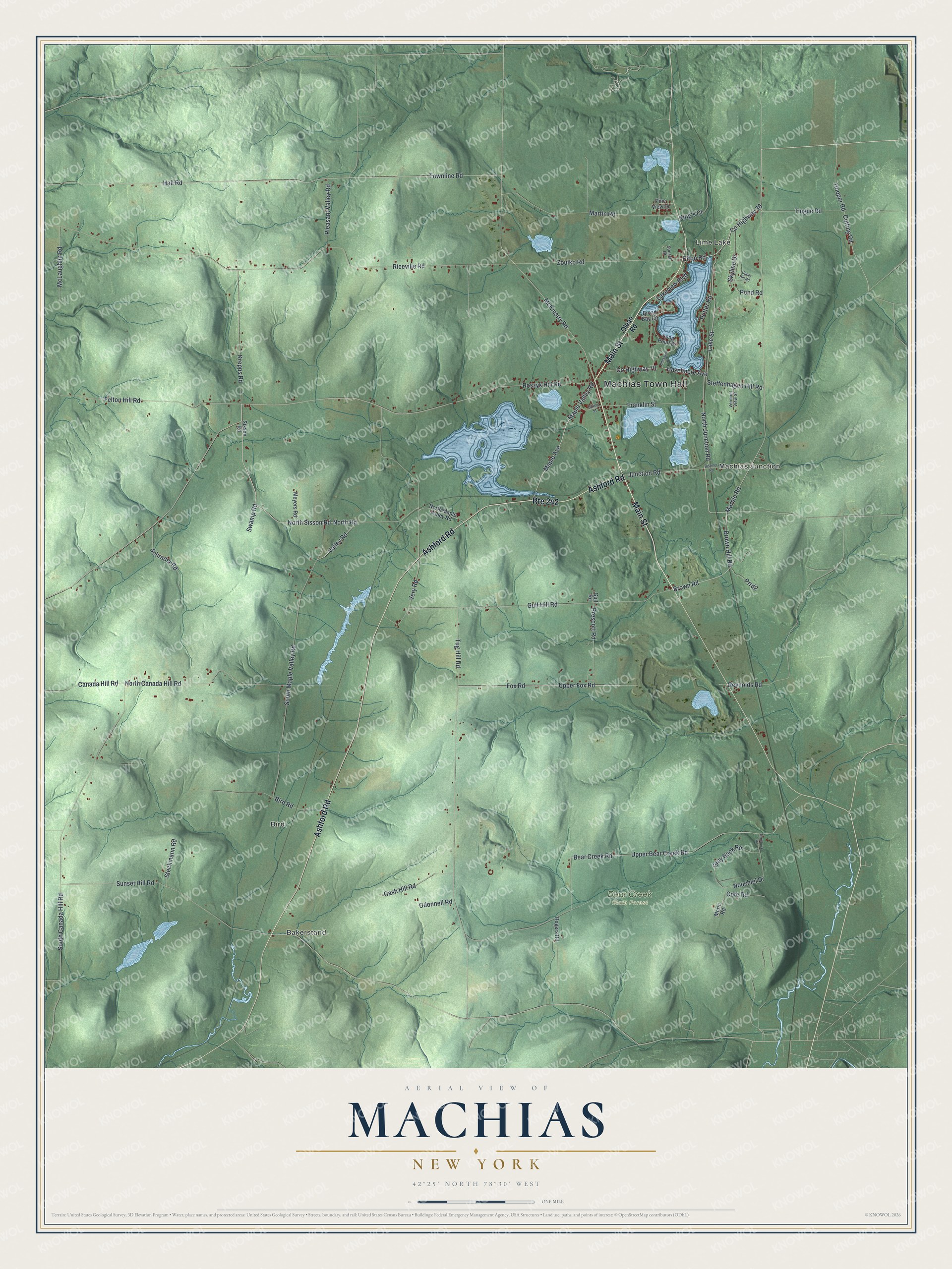 Detailed map of Machias, New York, showing streets, buildings, neighborhoods, and parks