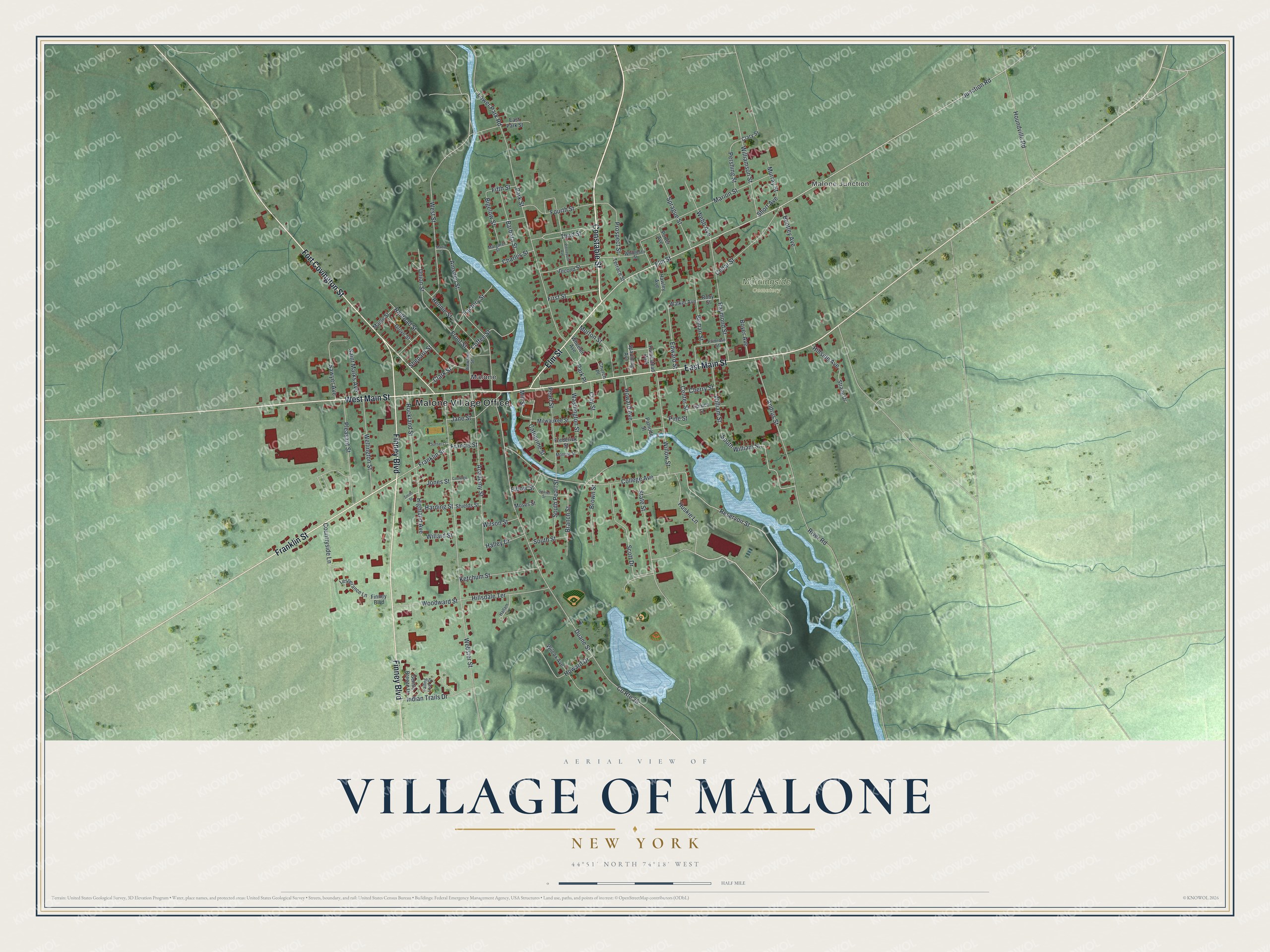 Detailed map of the Village of Malone, New York, showing streets, buildings, and parks