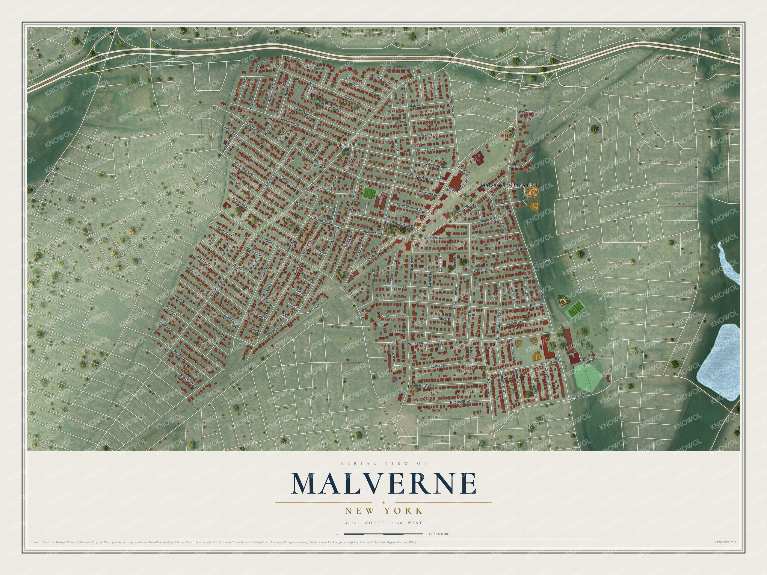 Detailed map of Malverne, New York, showing streets and buildings