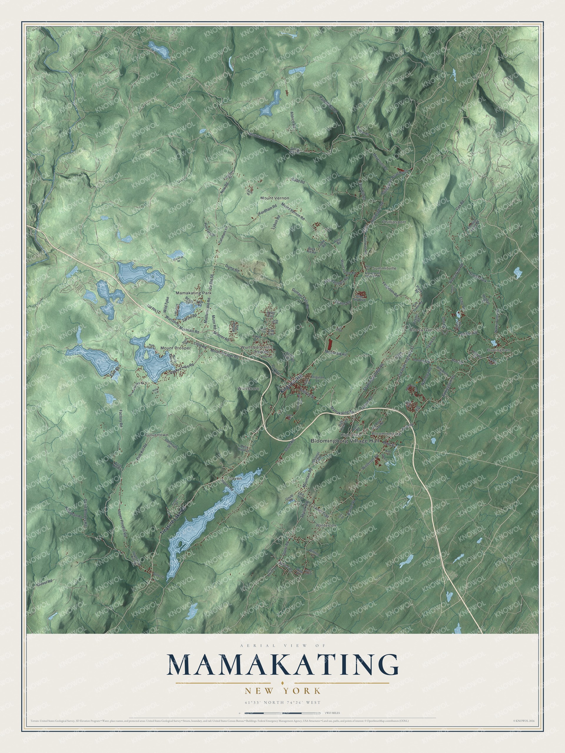 Detailed map of Mamakating, New York, showing streets, buildings, and neighborhoods