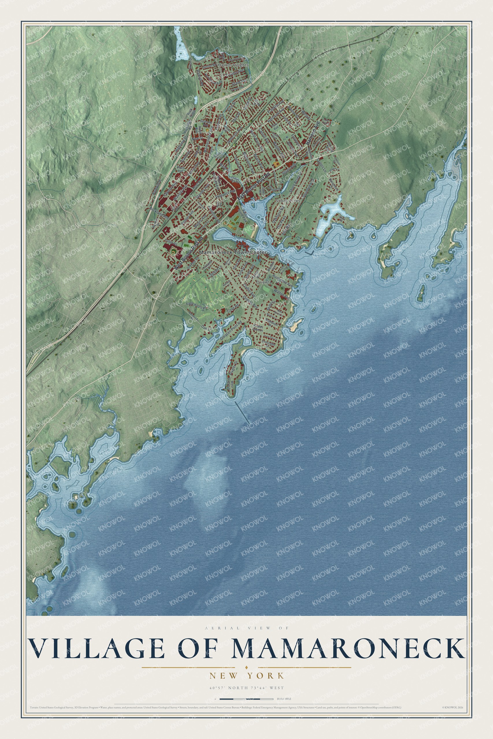 Detailed map of the Village of Mamaroneck, New York, showing streets, buildings, neighborhoods, and beaches