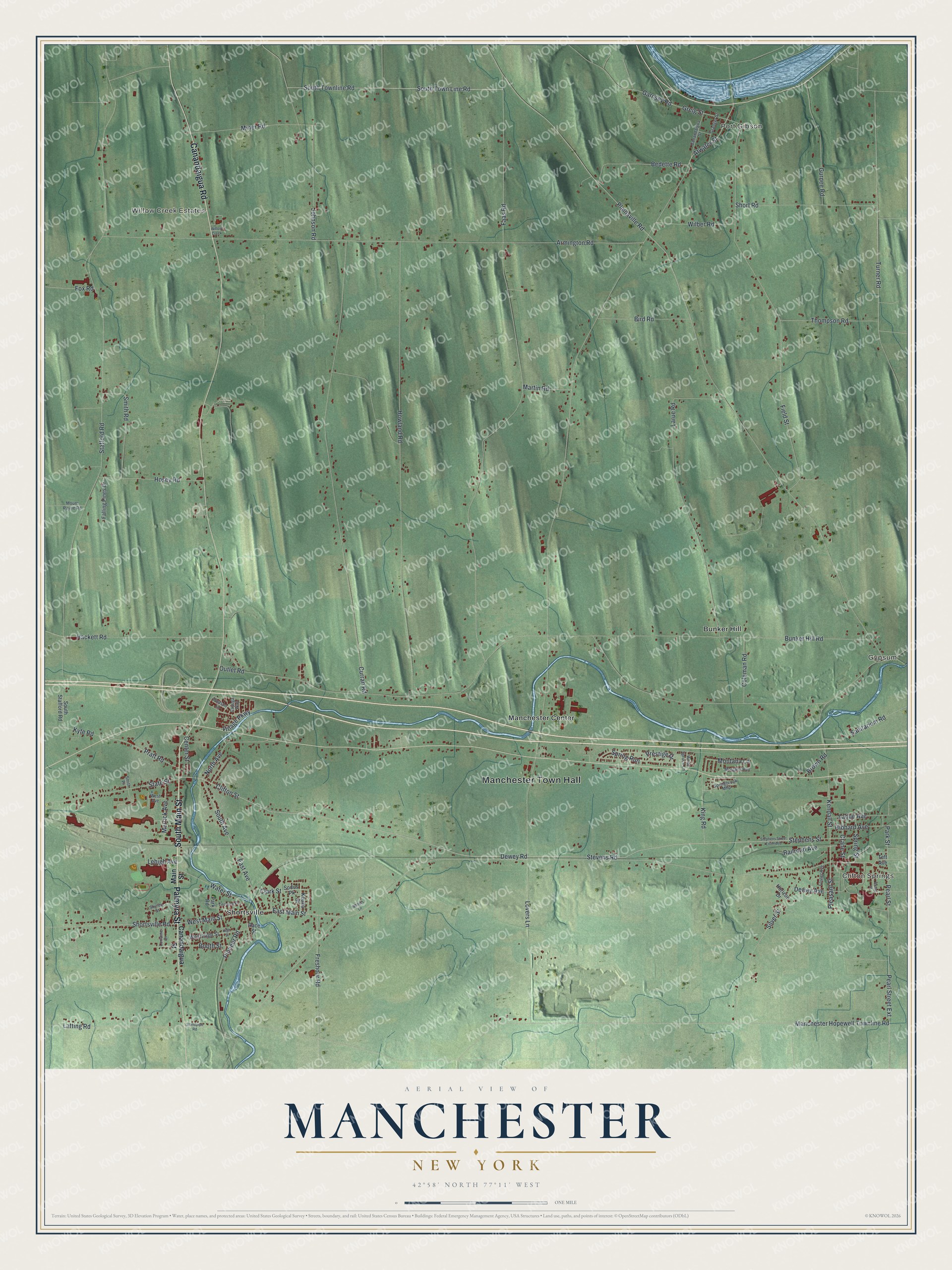 Detailed map of Manchester, New York, showing streets, buildings, and neighborhoods