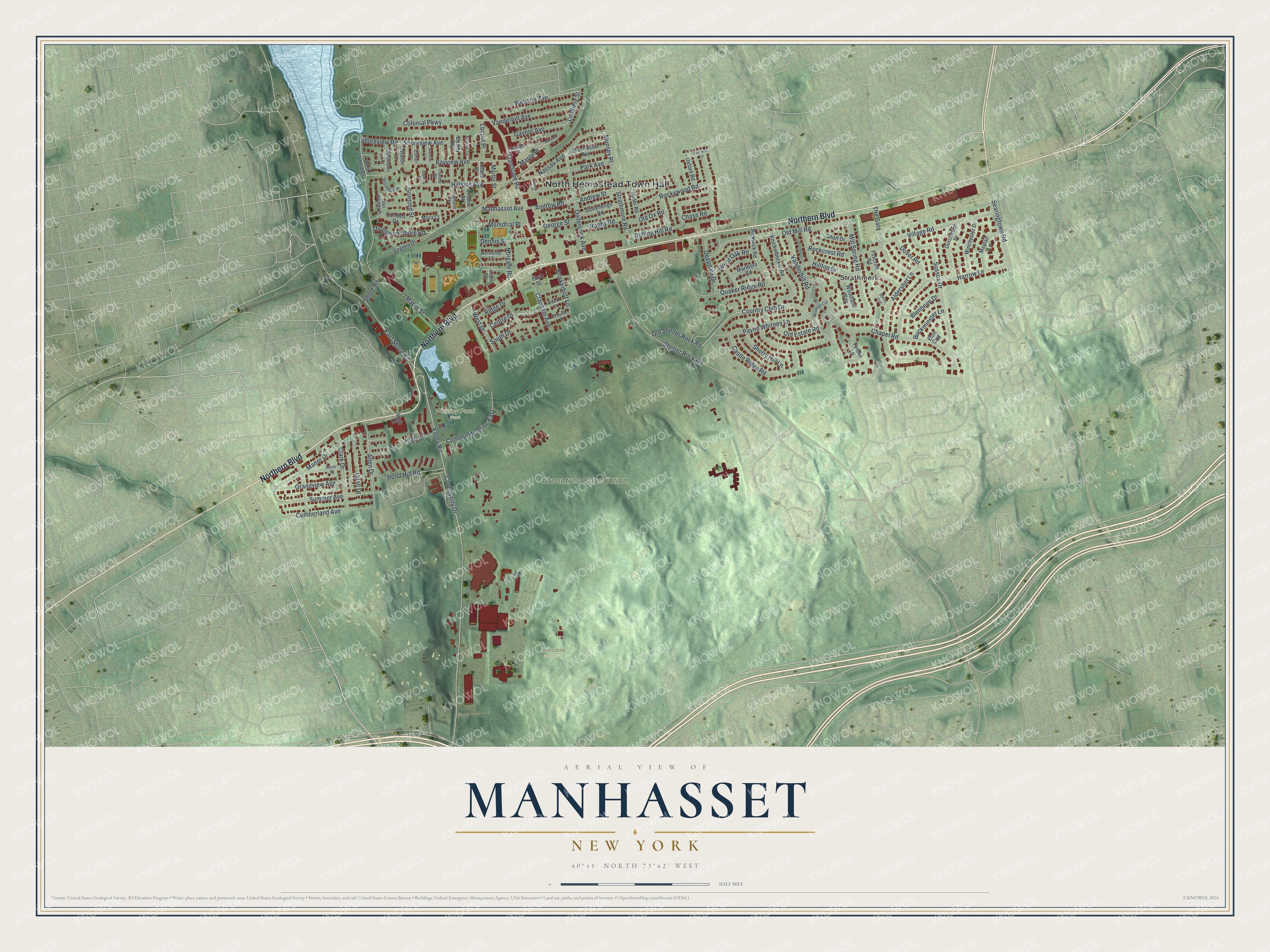 Detailed map of Manhasset, New York, showing streets, buildings, and parks