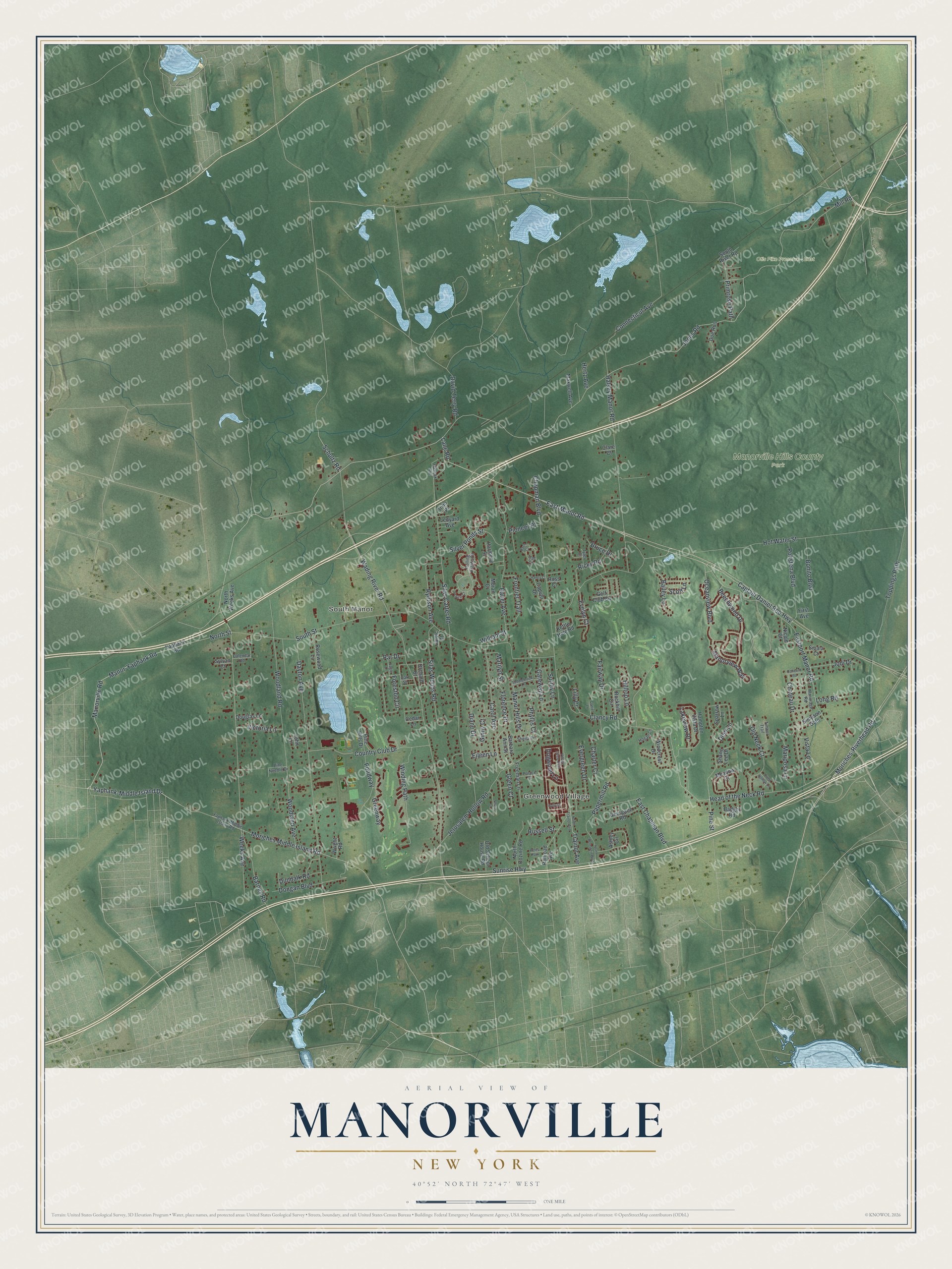 Detailed map of Manorville, New York, showing streets, buildings, and parks