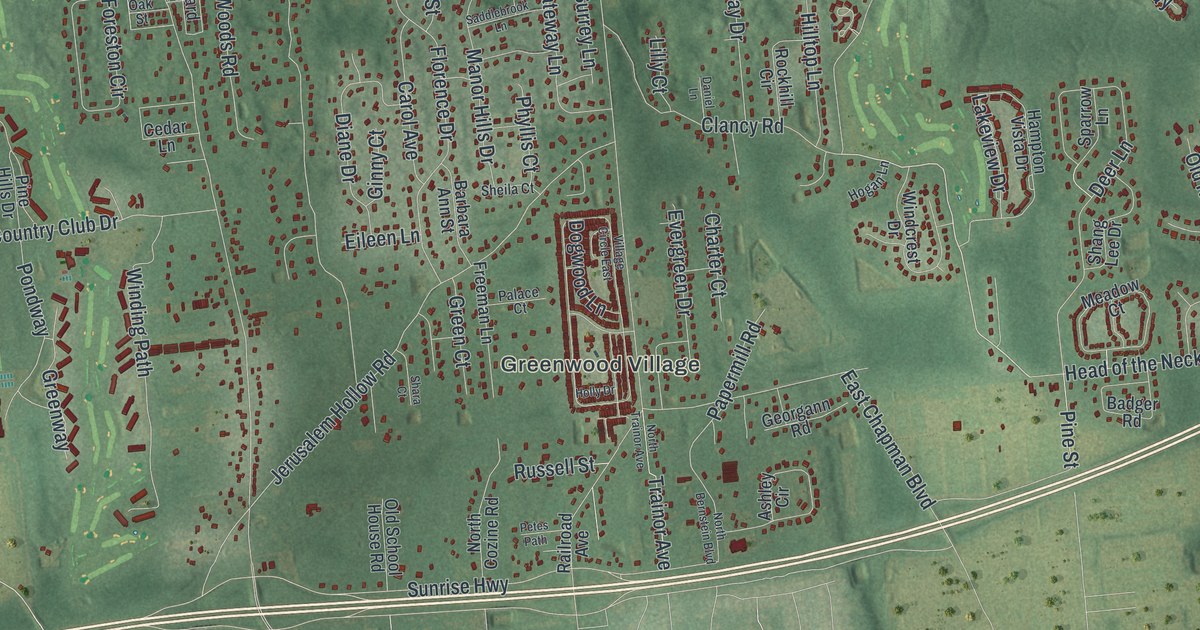 Close-up of streets and buildings in Manorville, New York
