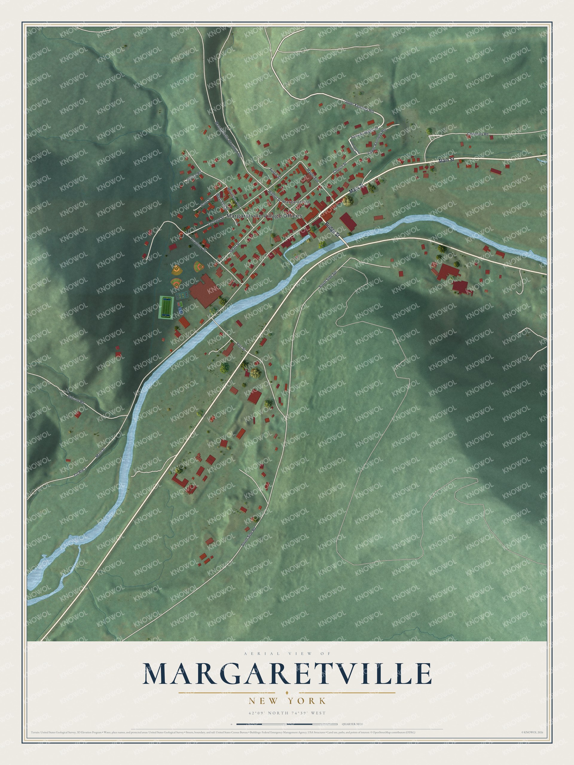 Detailed map of Margaretville, New York, showing streets and buildings