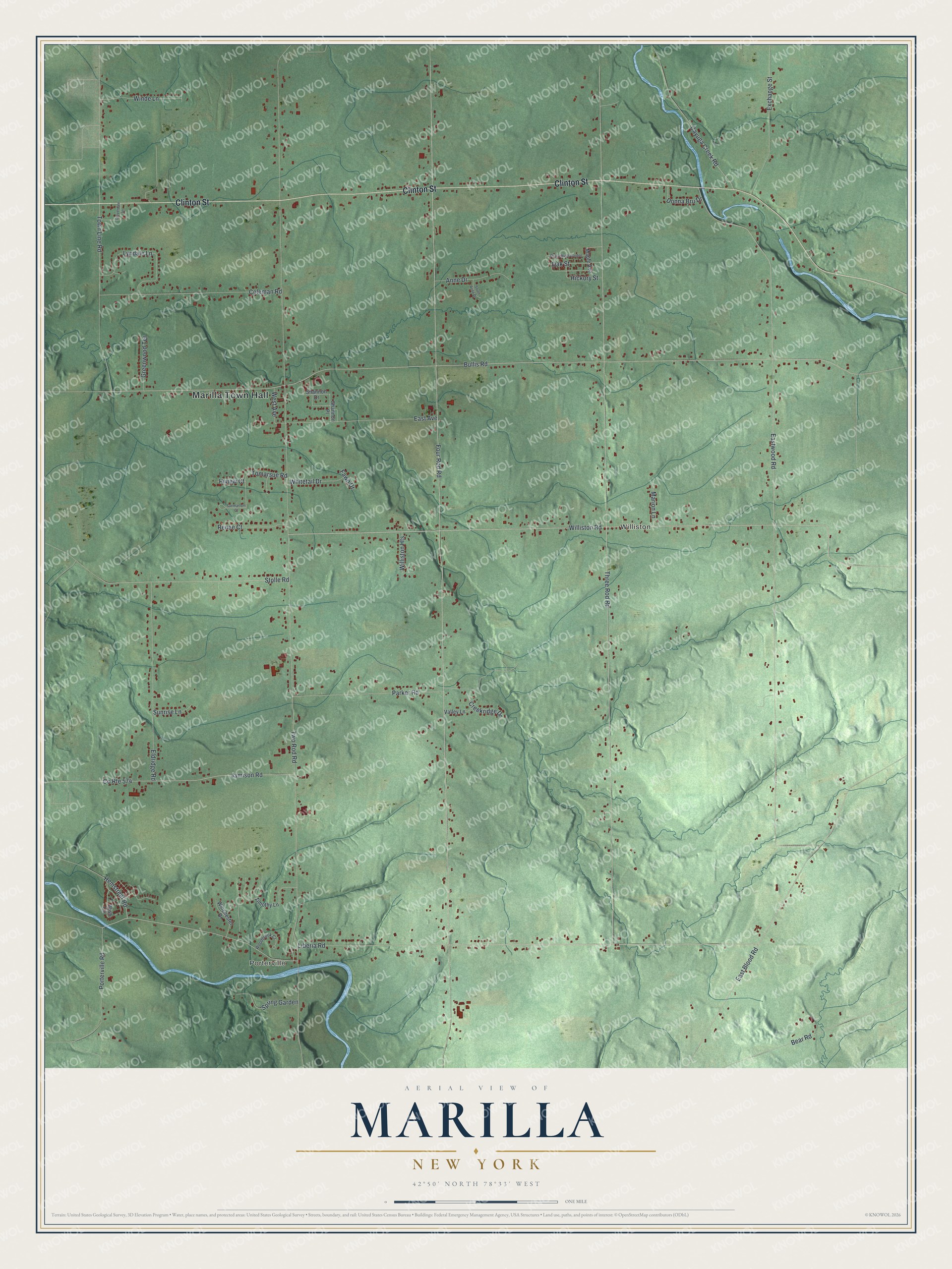 Detailed map of Marilla, New York, showing streets, buildings, and neighborhoods