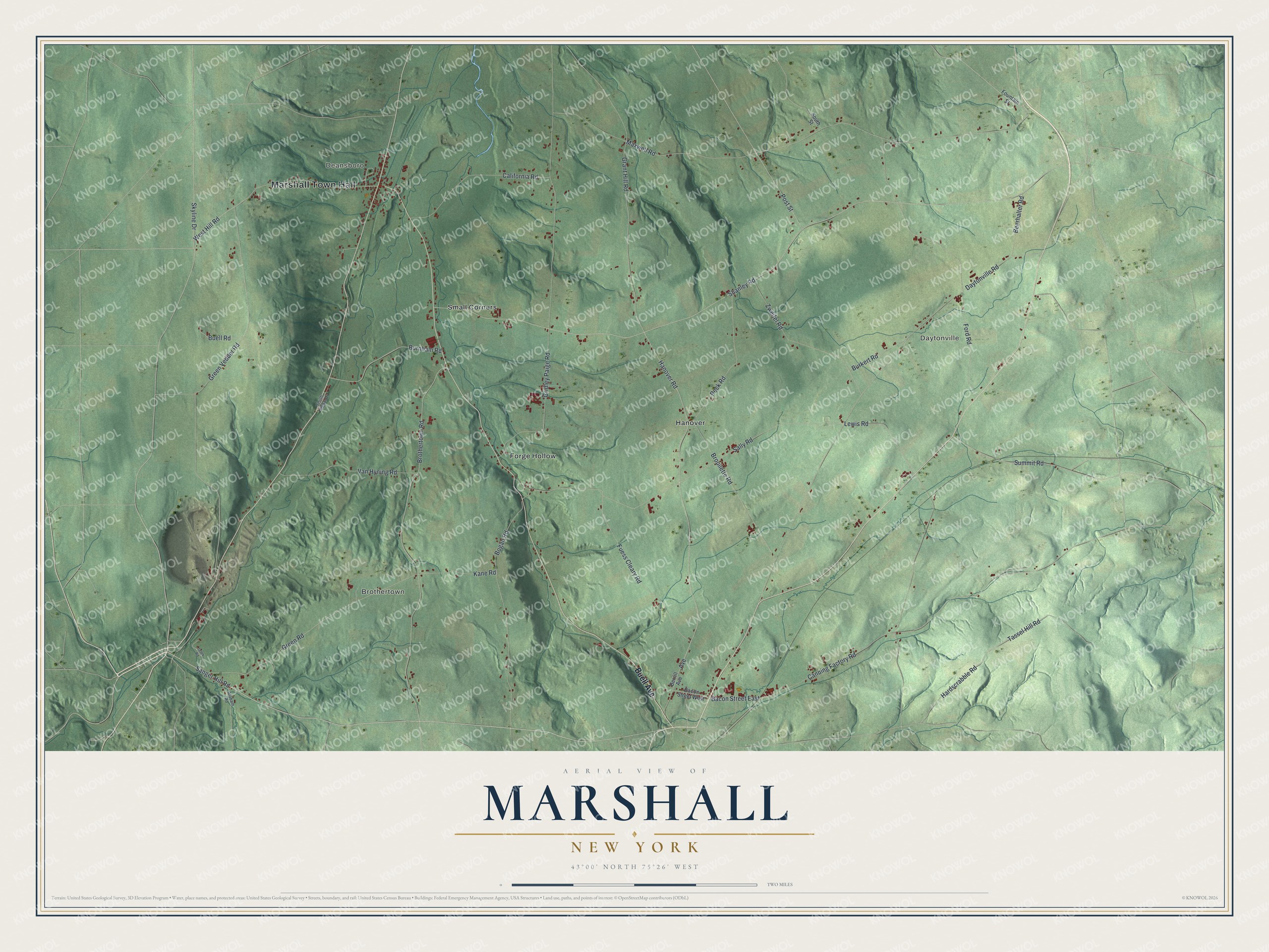 Detailed map of Marshall, New York, showing streets, buildings, and neighborhoods