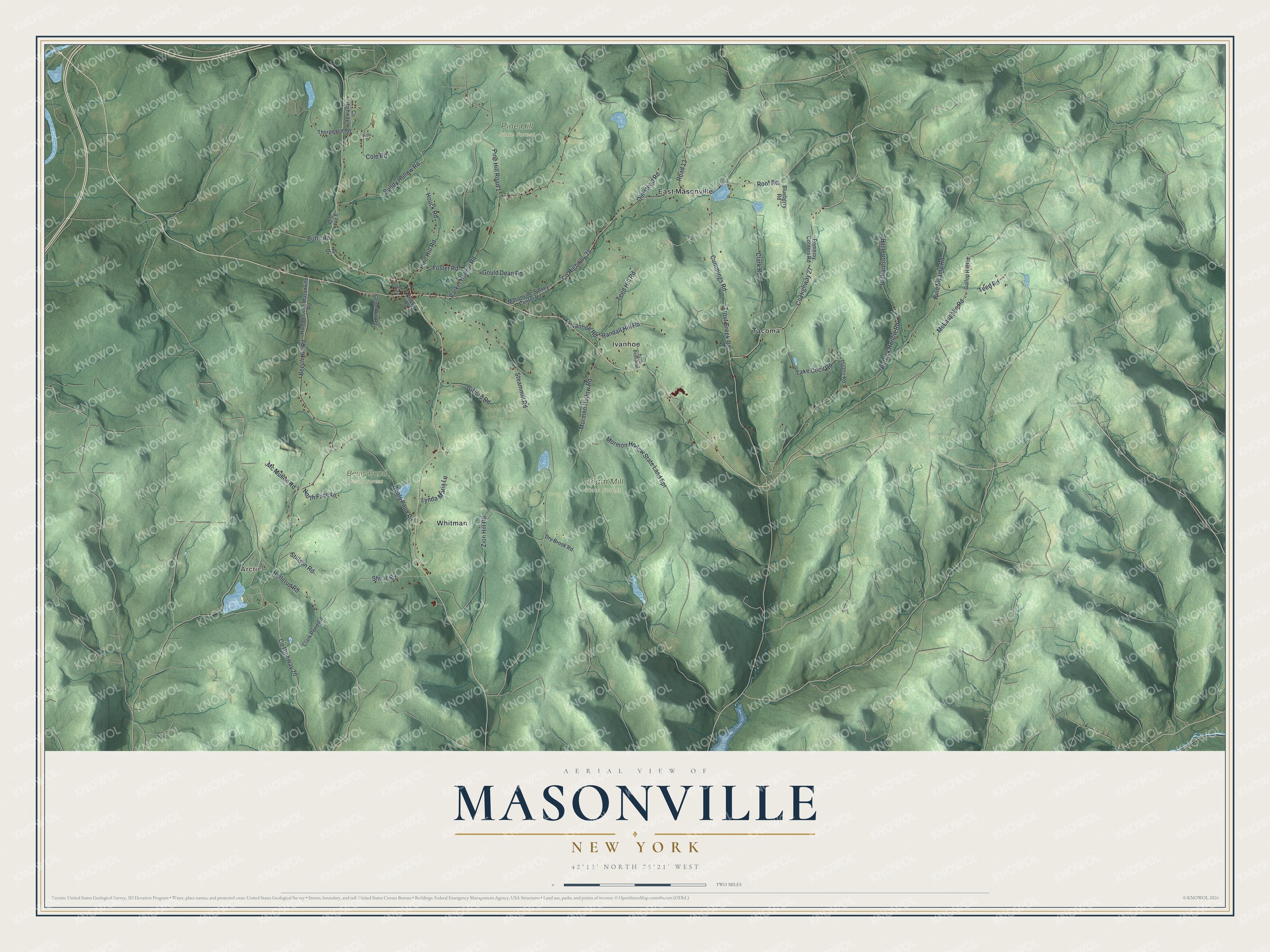 Detailed map of Masonville, New York, showing streets, buildings, neighborhoods, and parks
