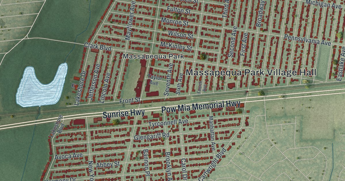 Close-up of streets and buildings in Massapequa Park, New York