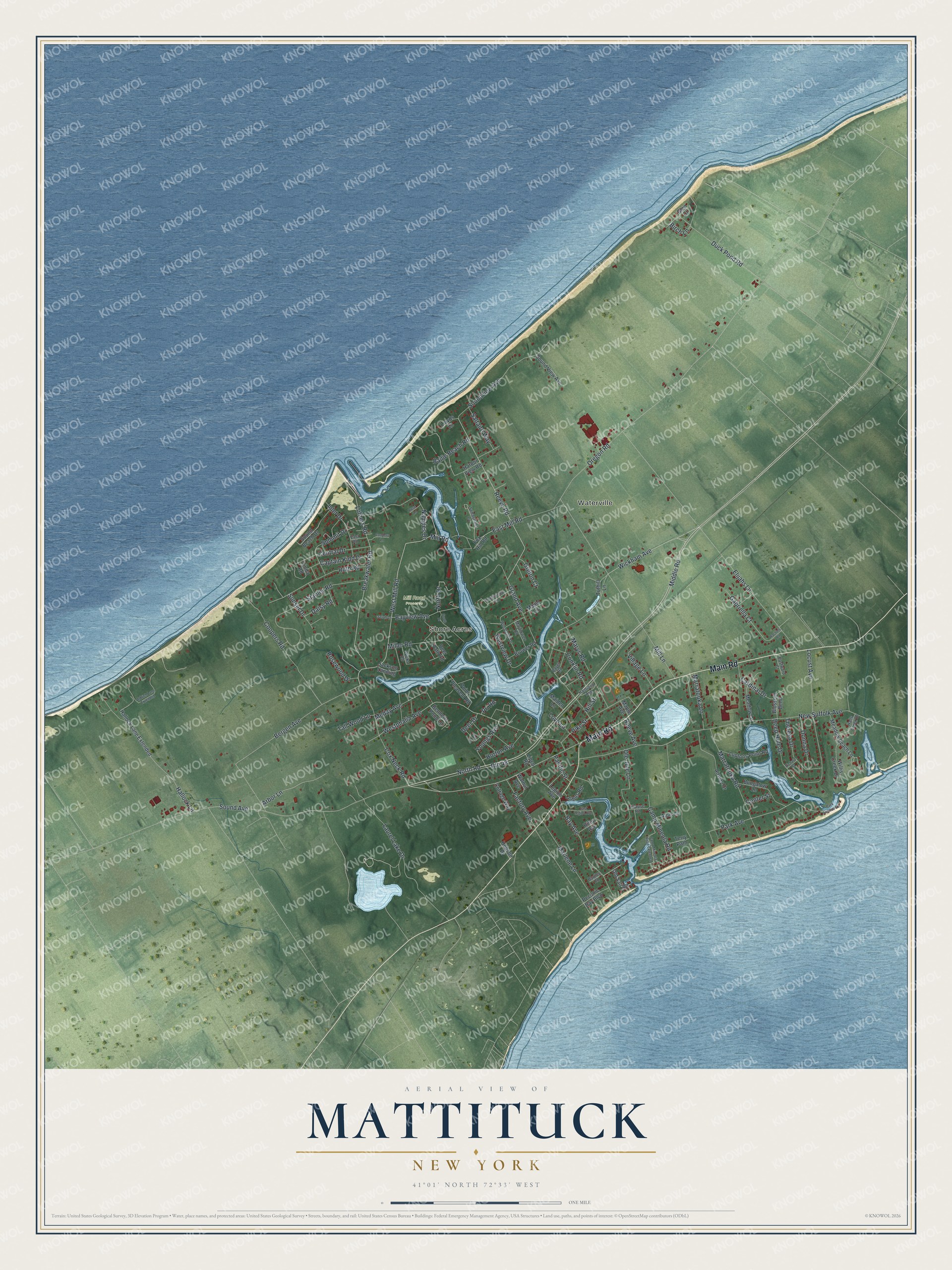 Detailed map of Mattituck, New York, showing streets, buildings, neighborhoods, beaches, and parks