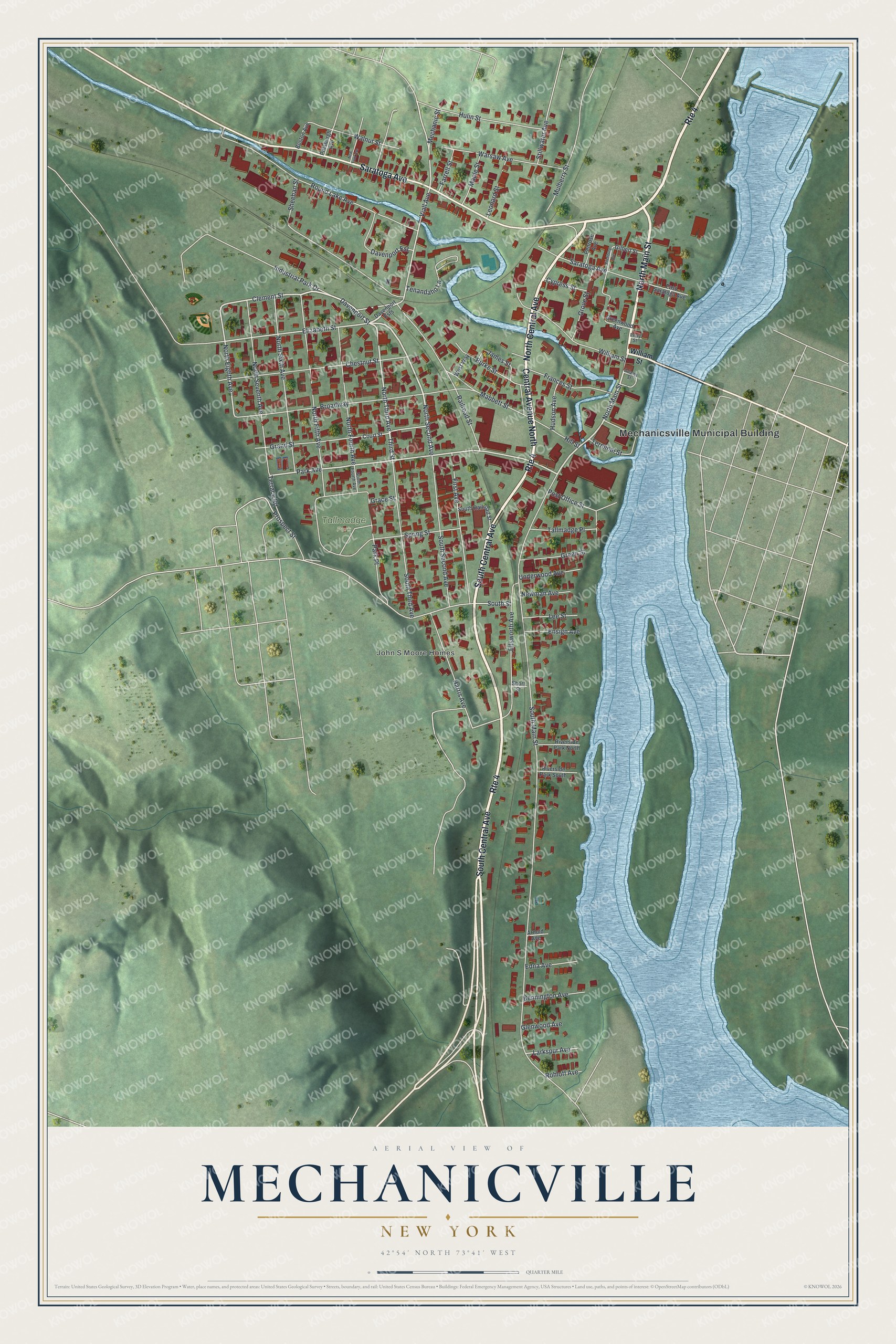 Detailed map of Mechanicville, New York, showing streets, buildings, and parks
