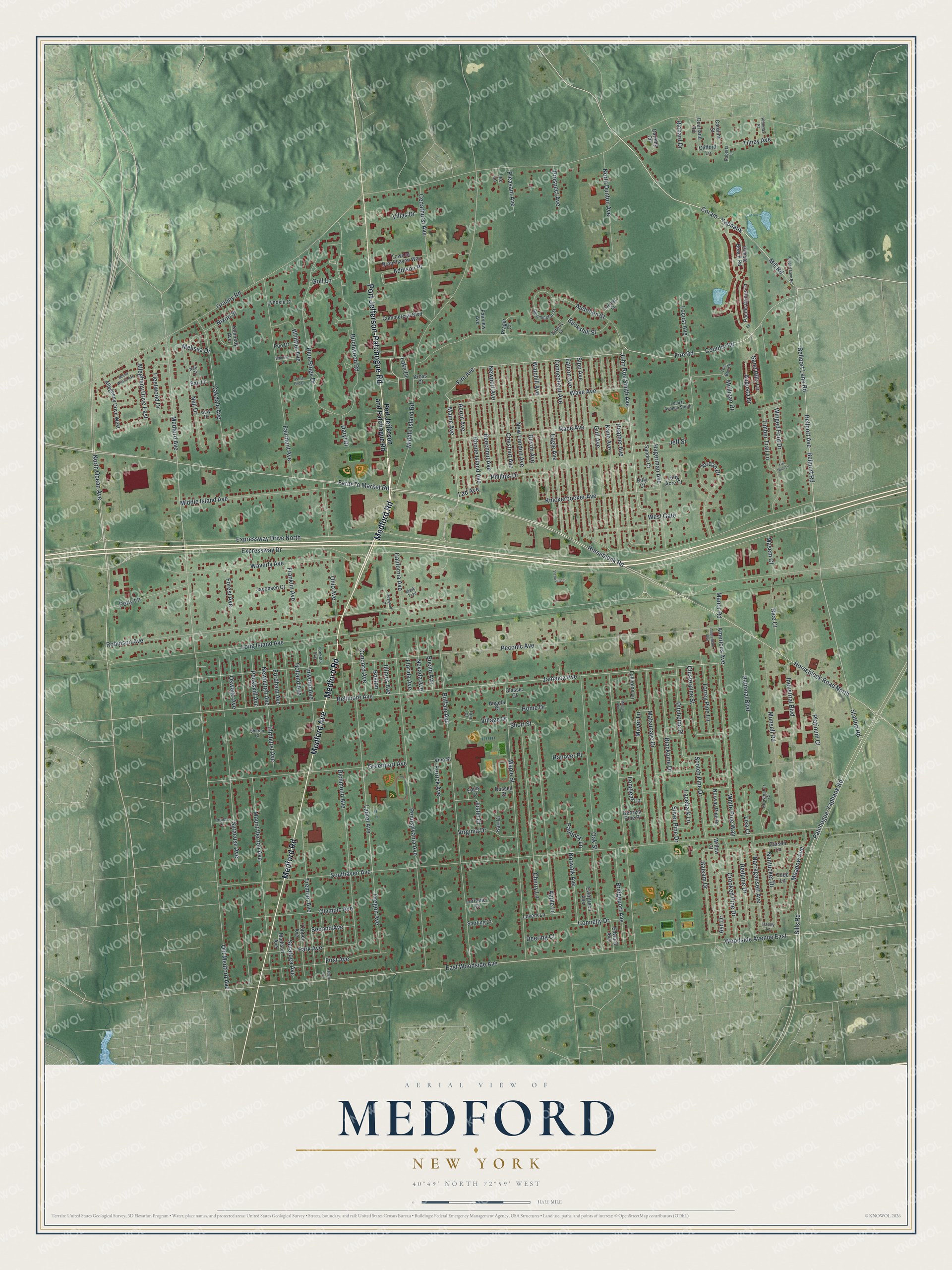 Detailed map of Medford, New York, showing streets and buildings