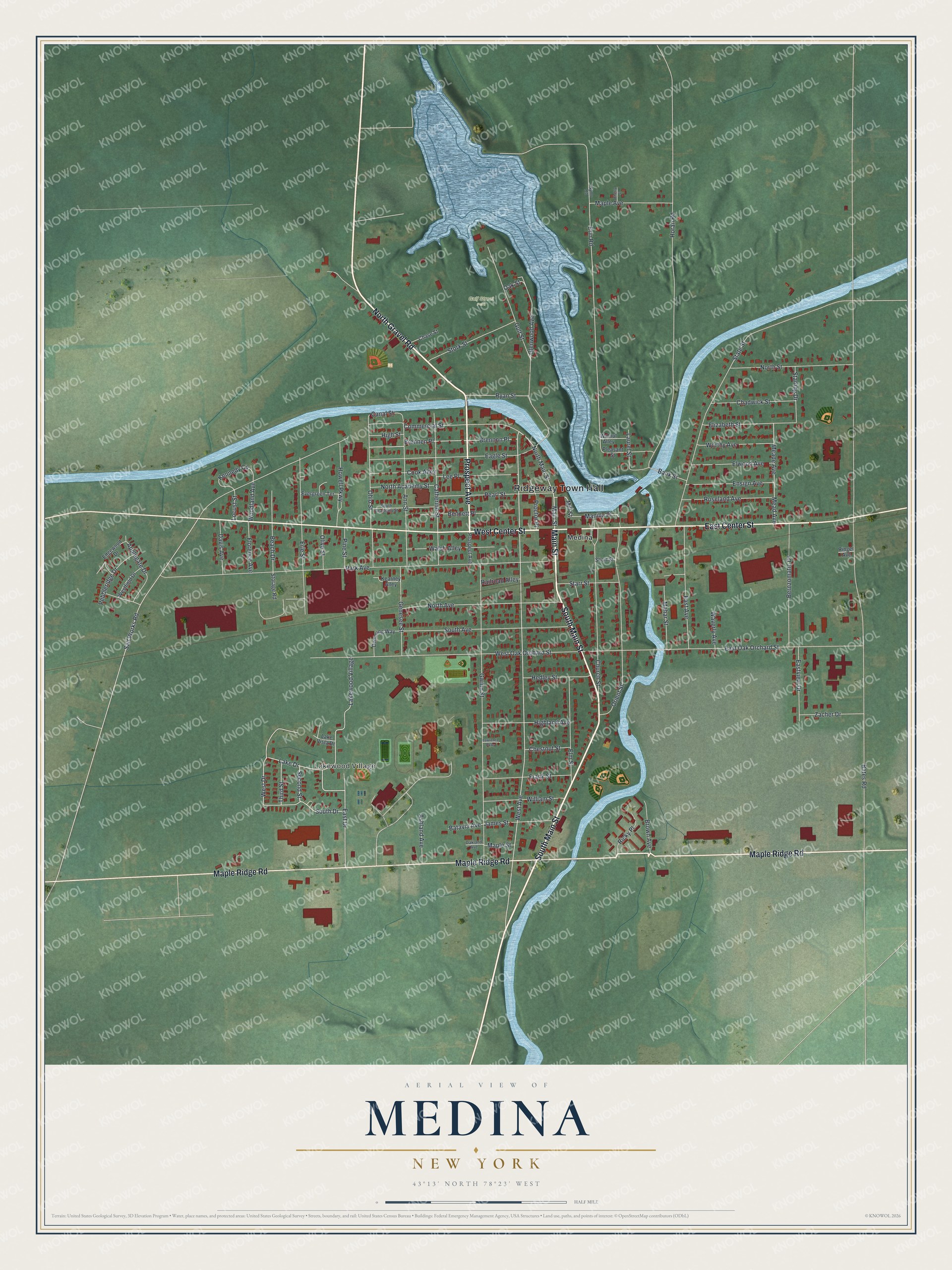 Detailed map of Medina, New York, showing streets, buildings, and parks