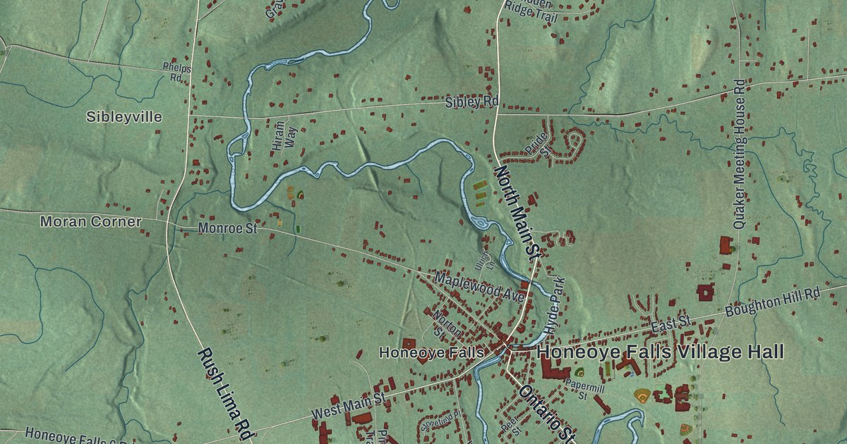 Close-up of streets and buildings in Mendon, New York