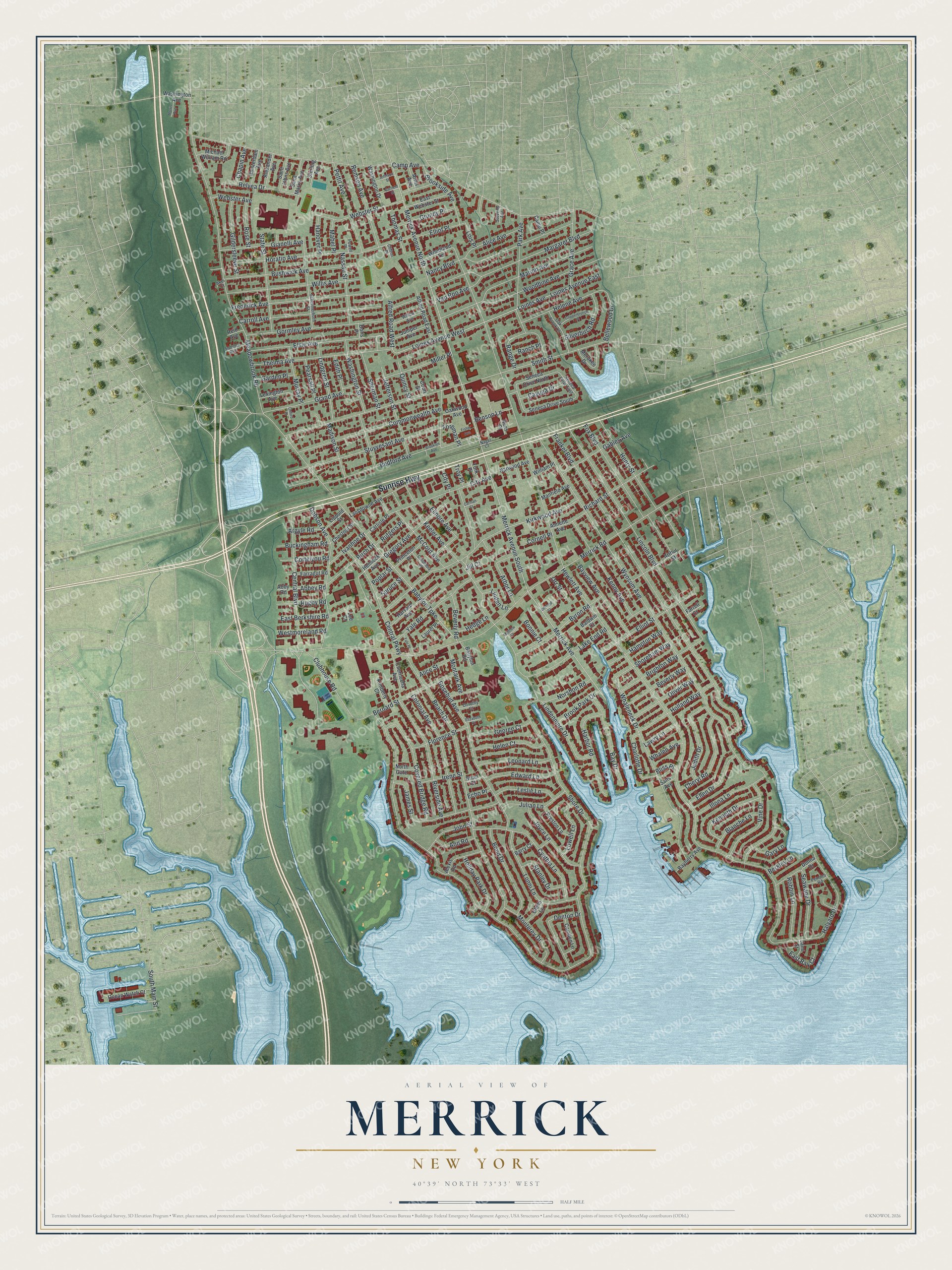Watermarked full-map preview of Merrick, New York