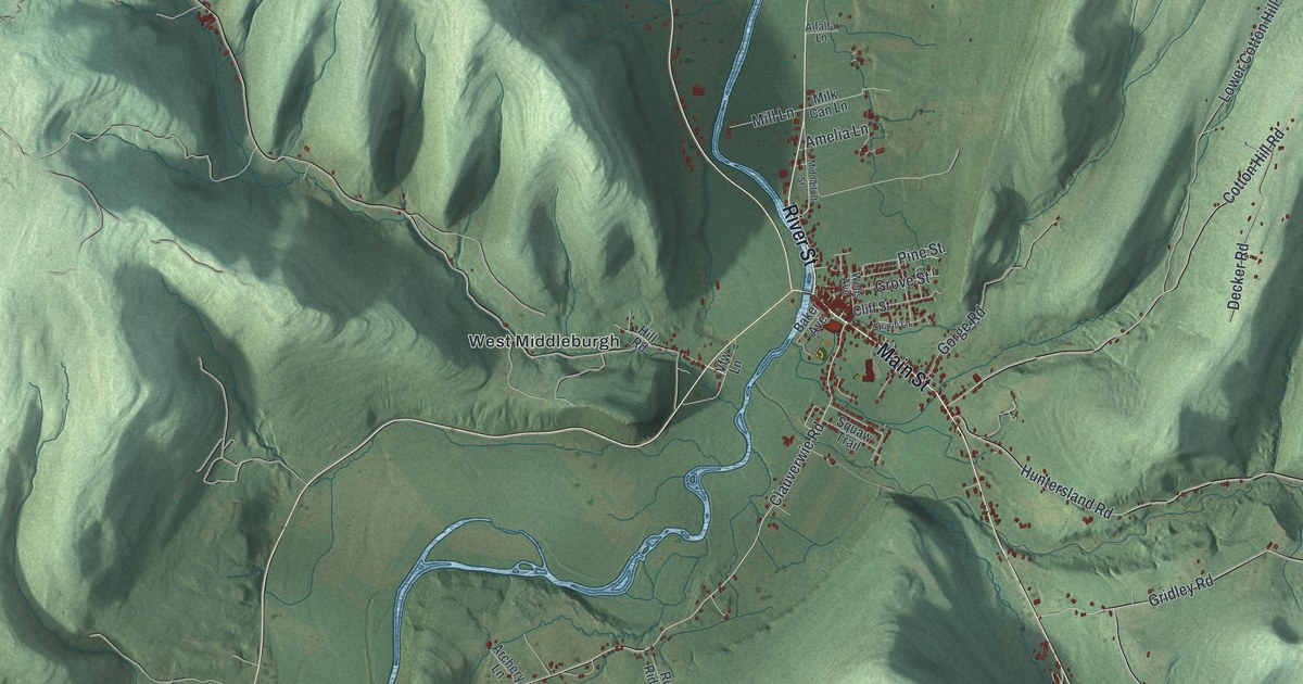 Close-up of streets and buildings in Middleburgh, New York