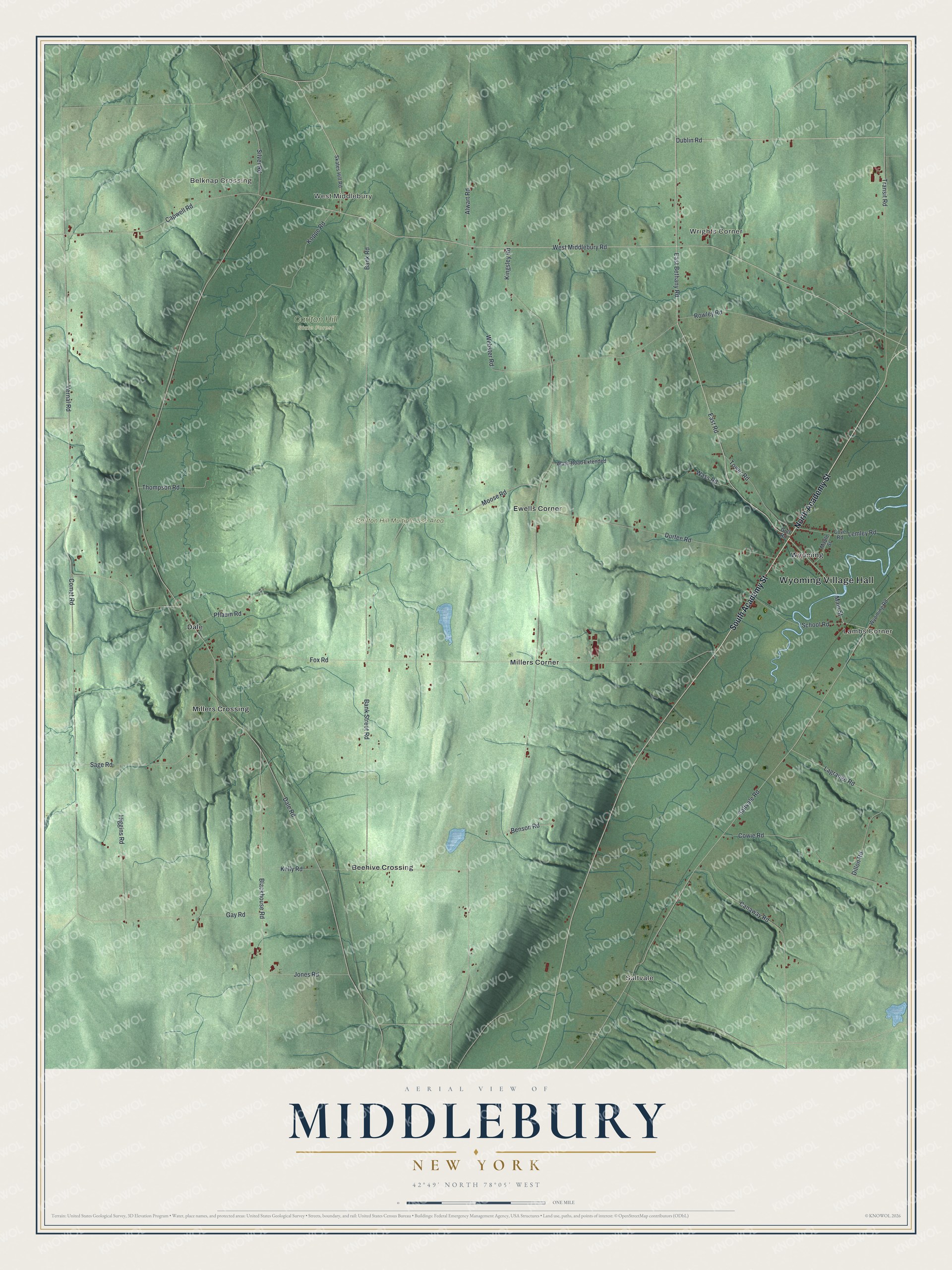 Detailed map of Middlebury, New York, showing streets, buildings, neighborhoods, and parks