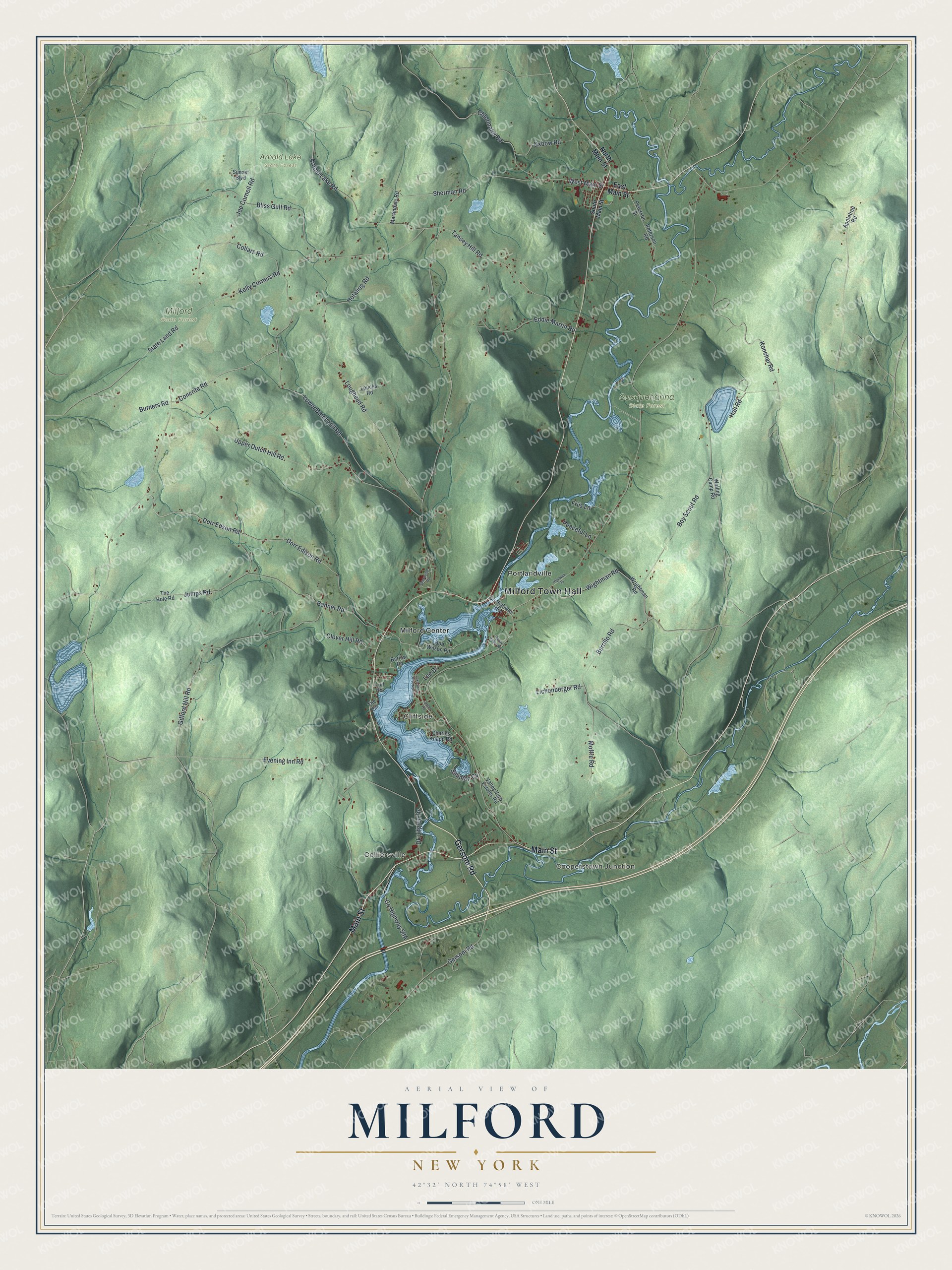 Detailed map of Milford, New York, showing streets, buildings, neighborhoods, and parks