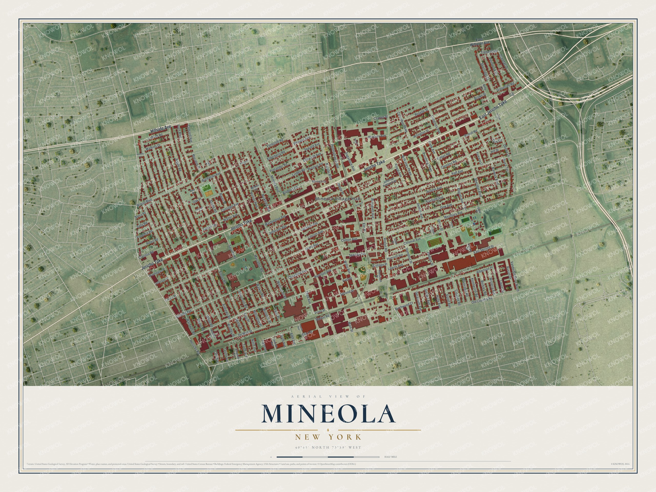 Detailed map of Mineola, New York, showing streets, buildings, and parks