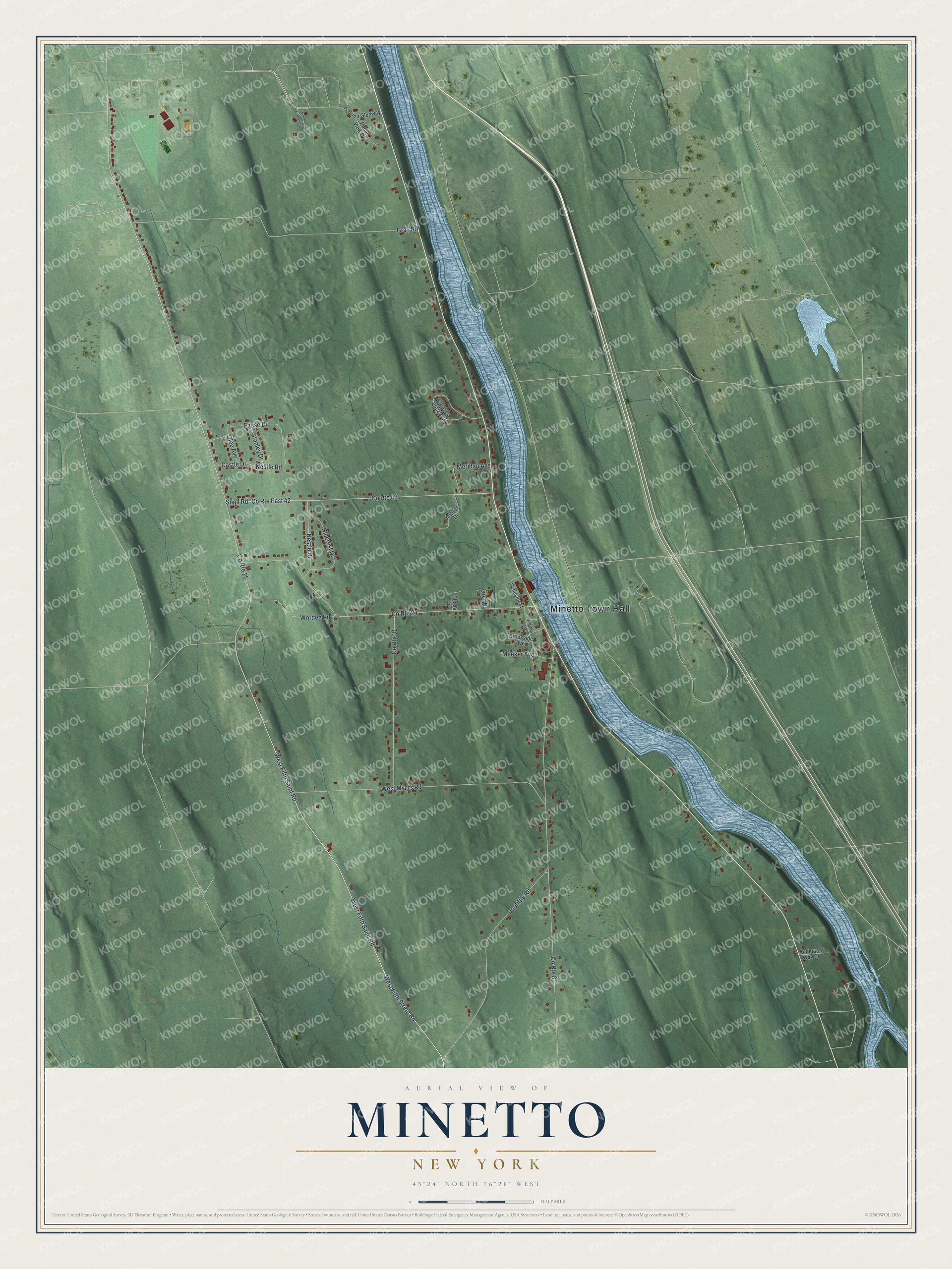 Detailed map of Minetto, New York, showing streets and buildings