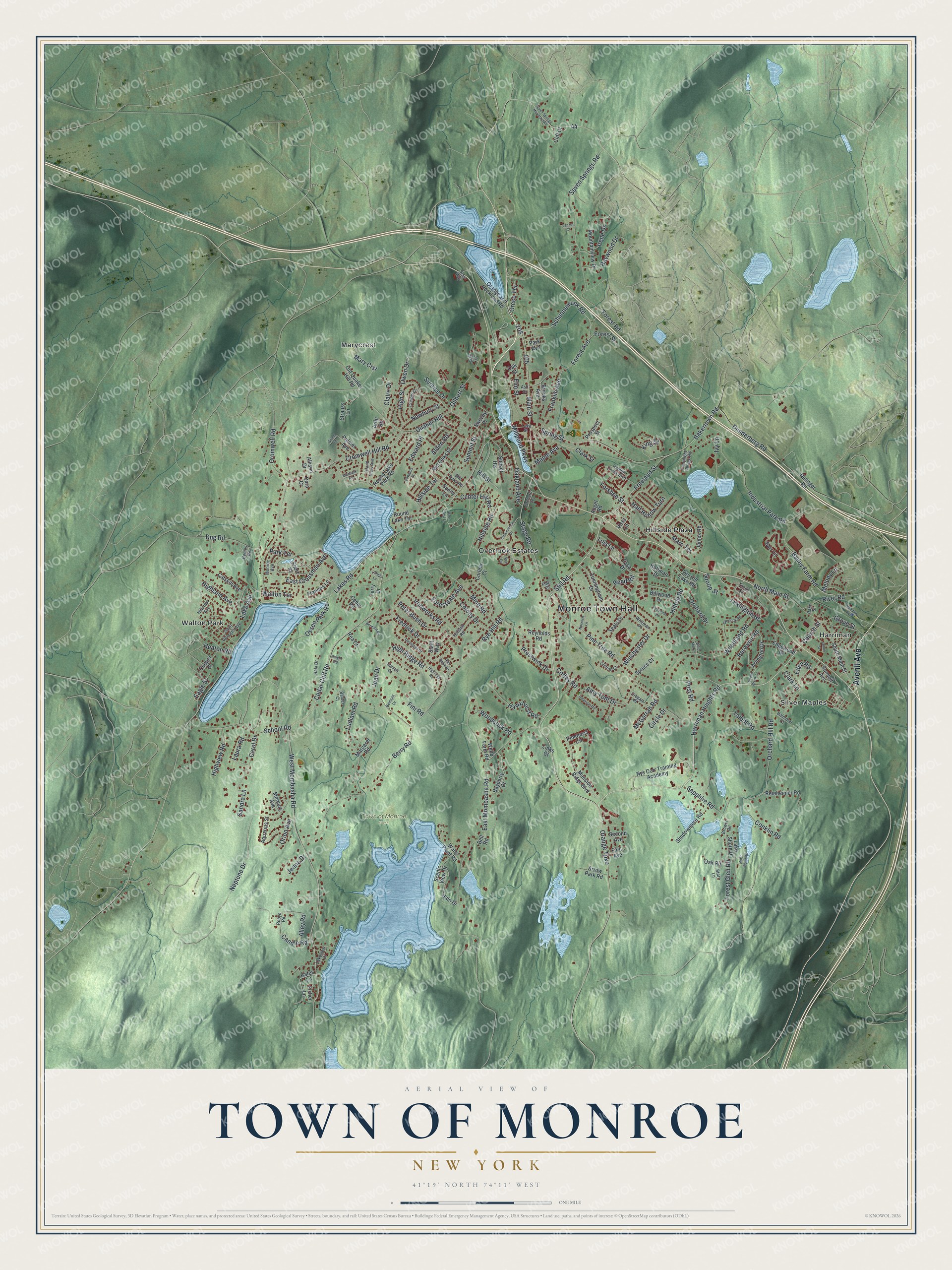 Detailed map of the Town of Monroe, New York, showing streets, buildings, and neighborhoods