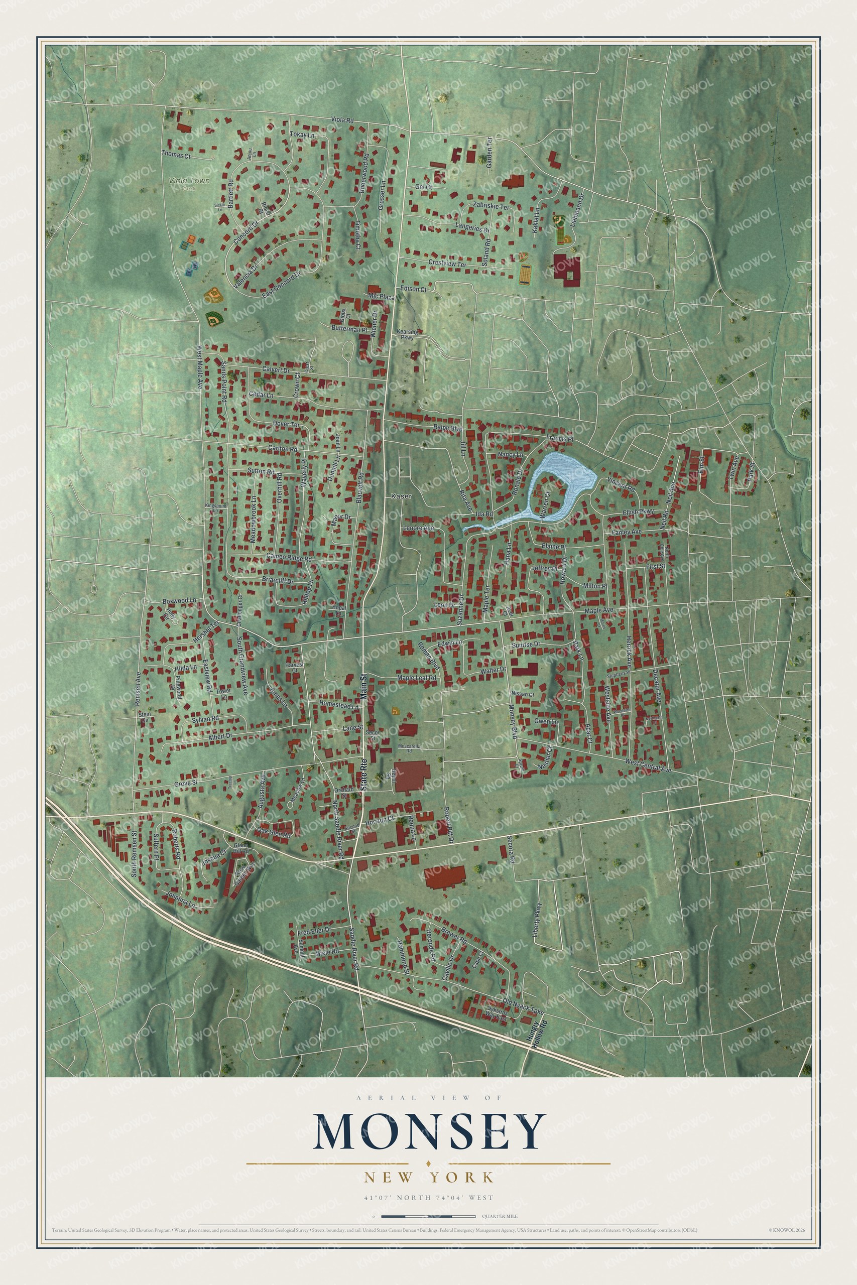 Detailed map of Monsey, New York, showing streets, buildings, and parks