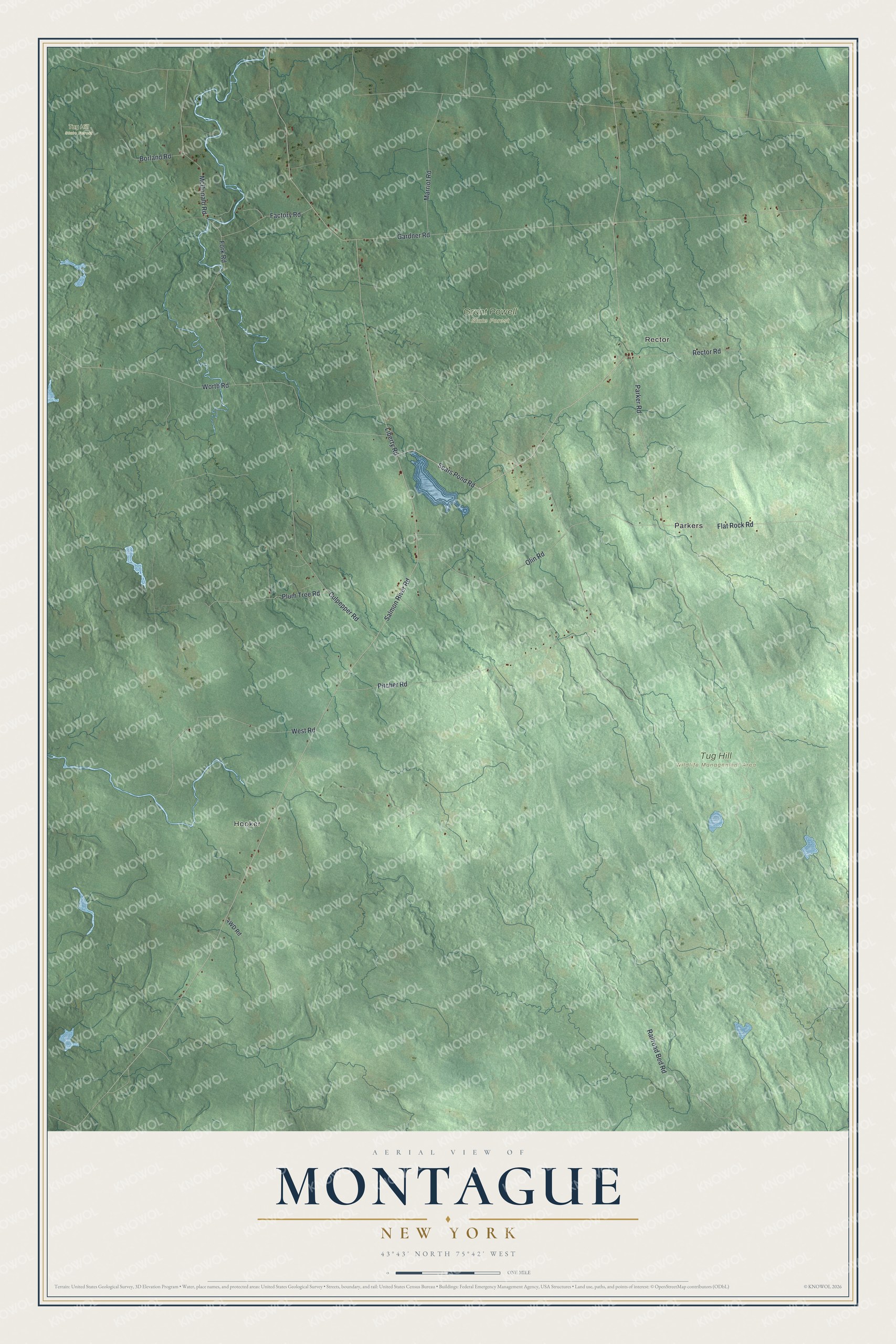 Detailed map of Montague, New York, showing streets, buildings, neighborhoods, and parks