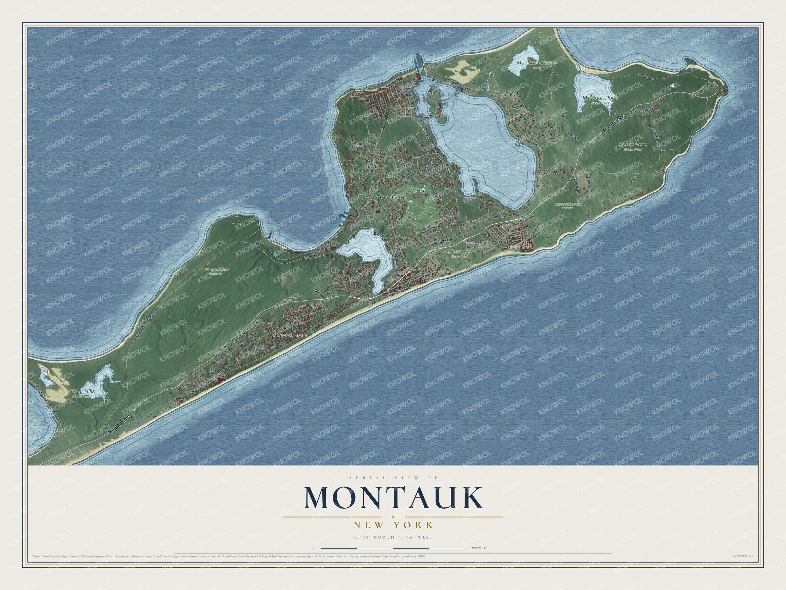 Detailed map of Montauk, New York, showing streets, buildings, neighborhoods, beaches, and parks