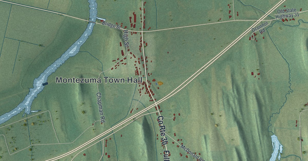 Close-up of streets and buildings in Montezuma, New York