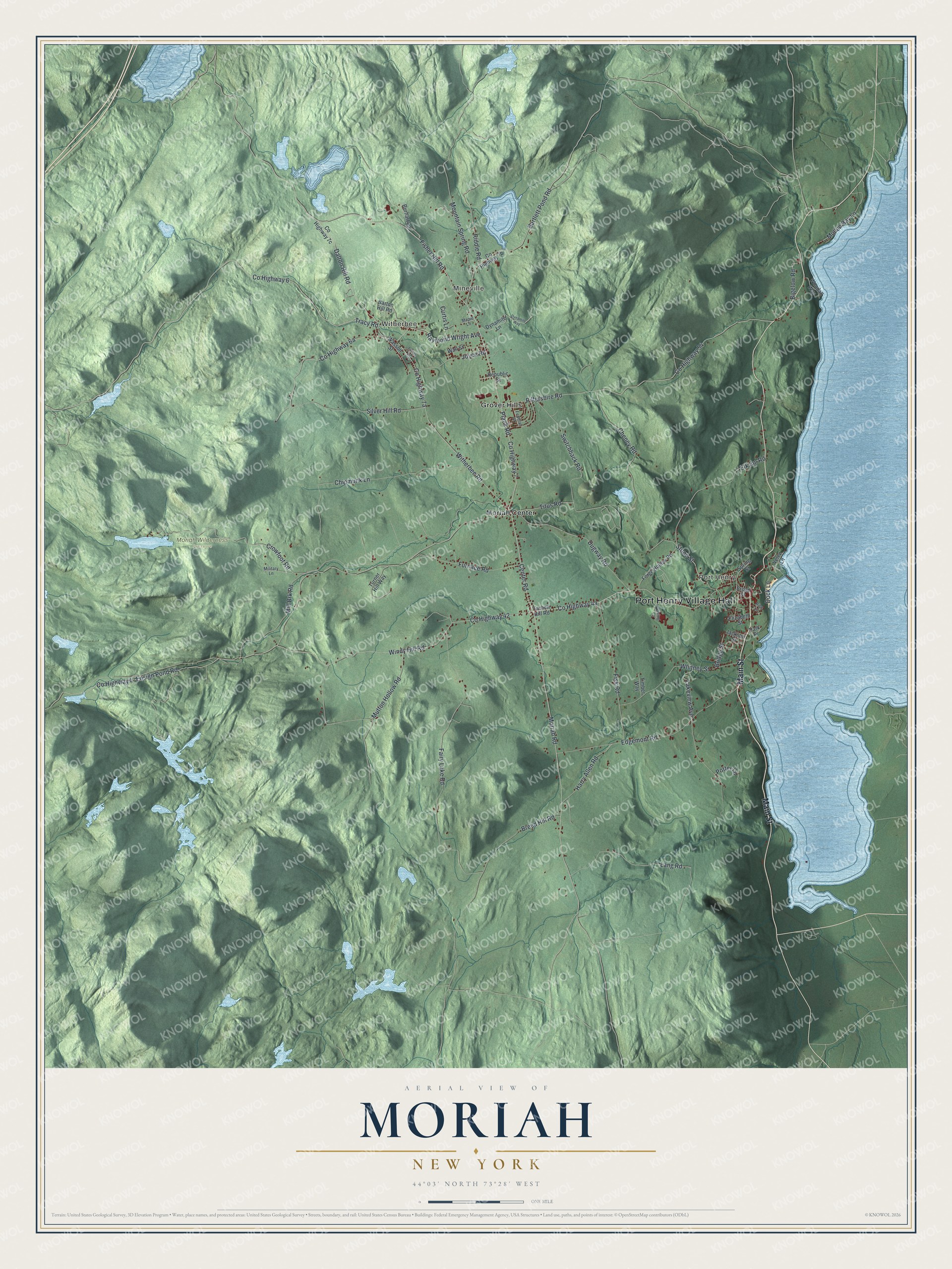 Detailed map of Moriah, New York, showing streets, buildings, neighborhoods, and parks
