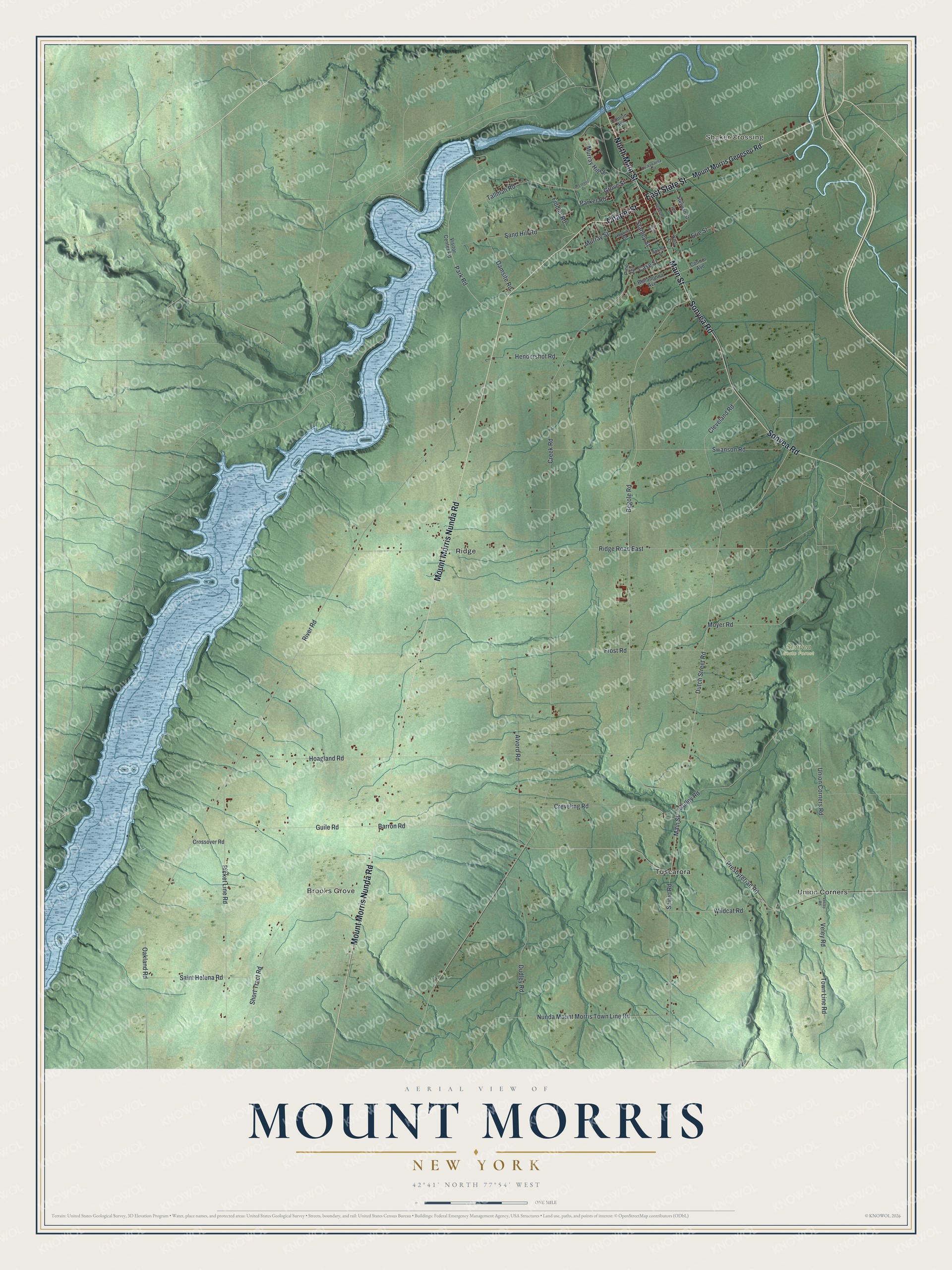 Detailed map of Mount Morris, New York, showing streets, buildings, neighborhoods, and parks