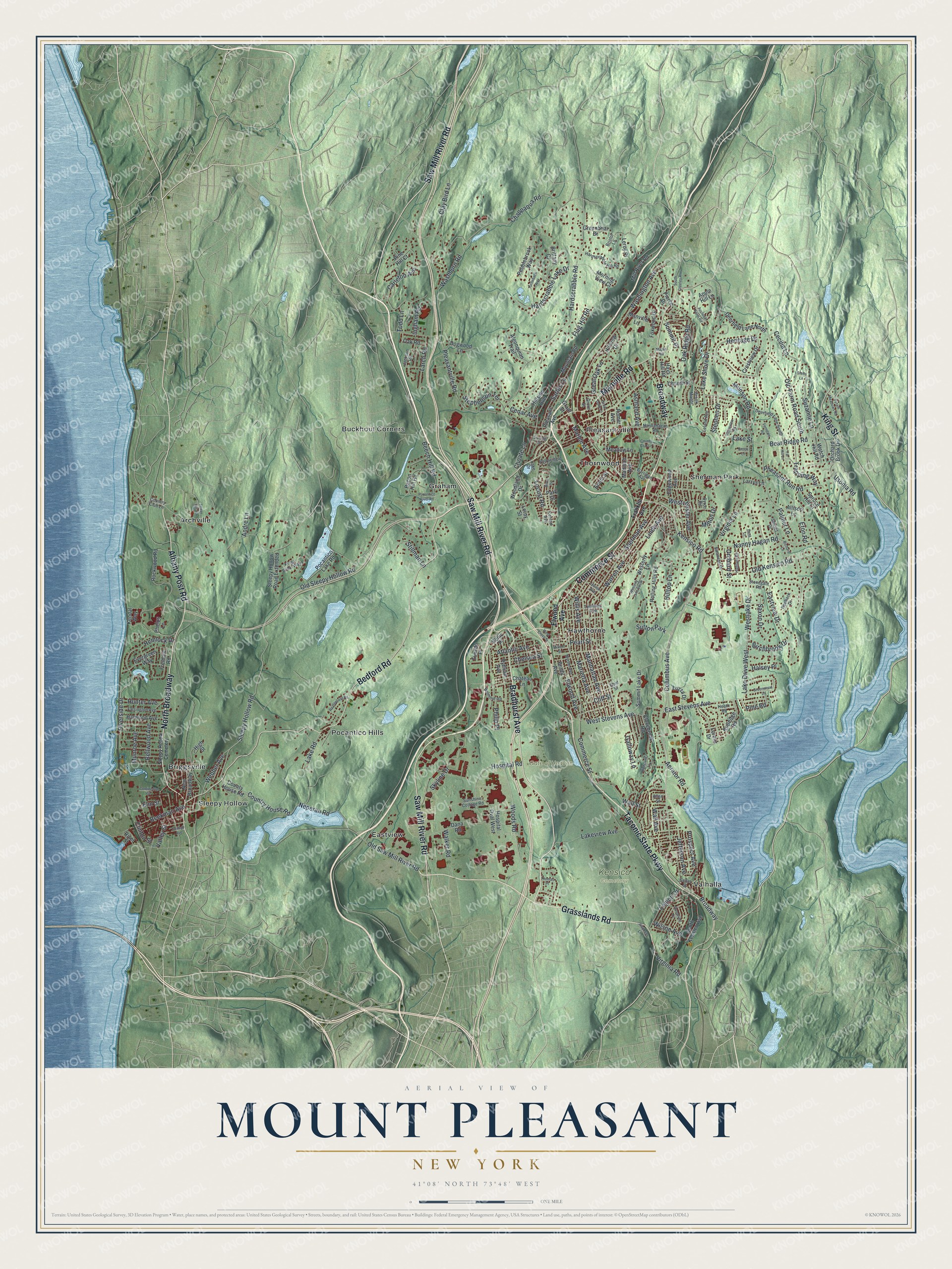 Detailed map of Mount Pleasant, New York, showing streets, buildings, neighborhoods, and parks