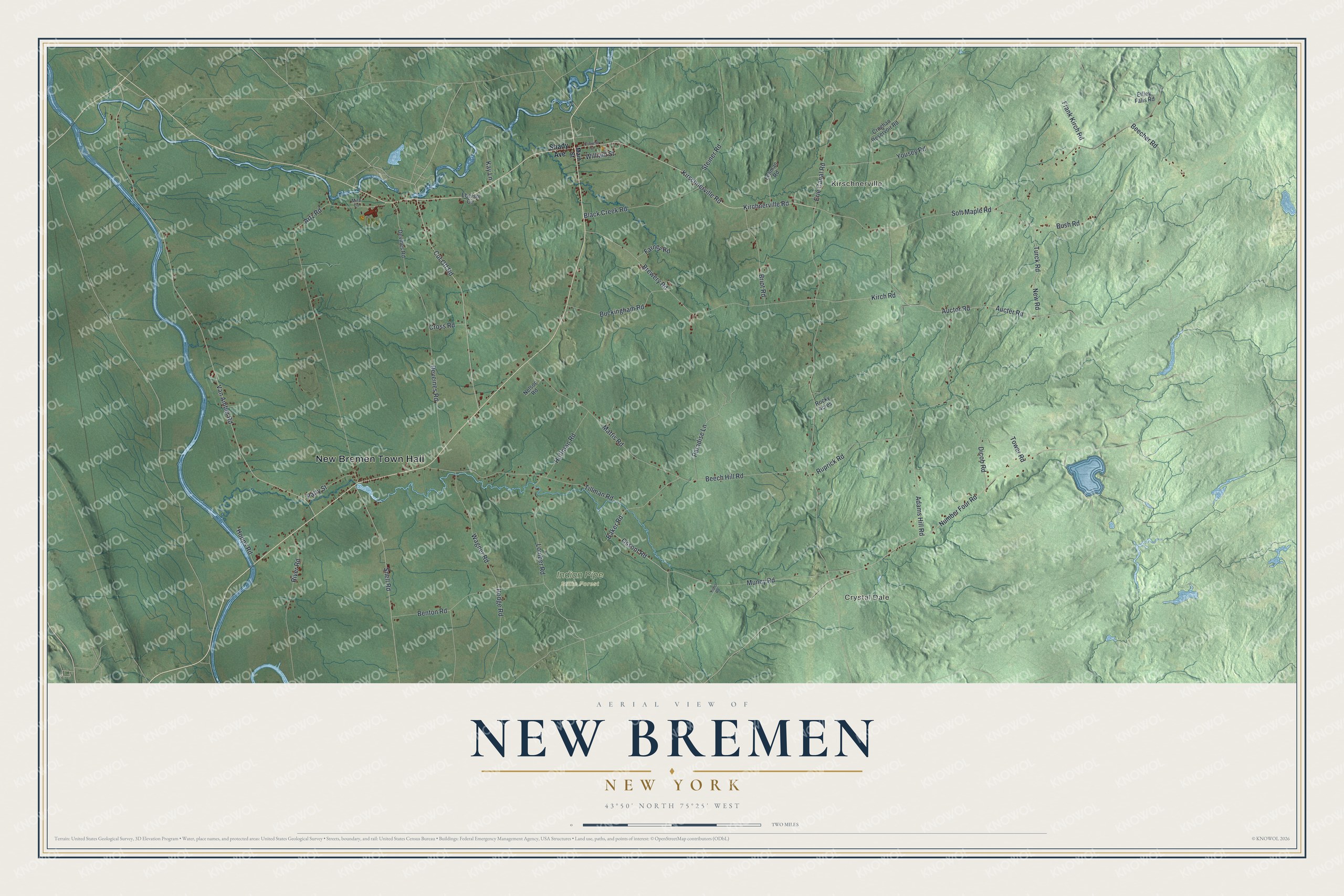 Detailed map of New Bremen, New York, showing streets, buildings, neighborhoods, and parks