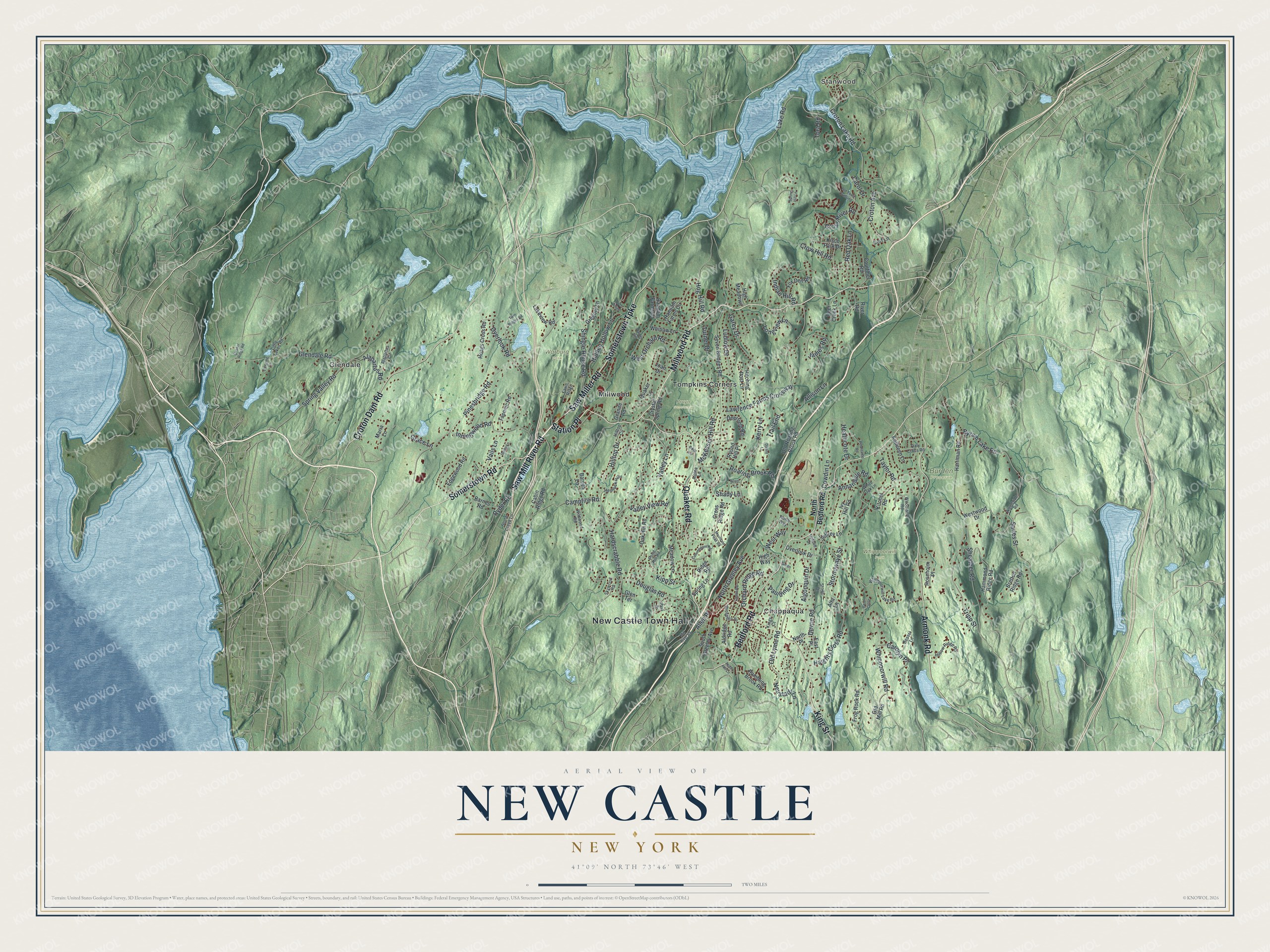 Detailed map of New Castle, New York, showing streets, buildings, neighborhoods, and parks