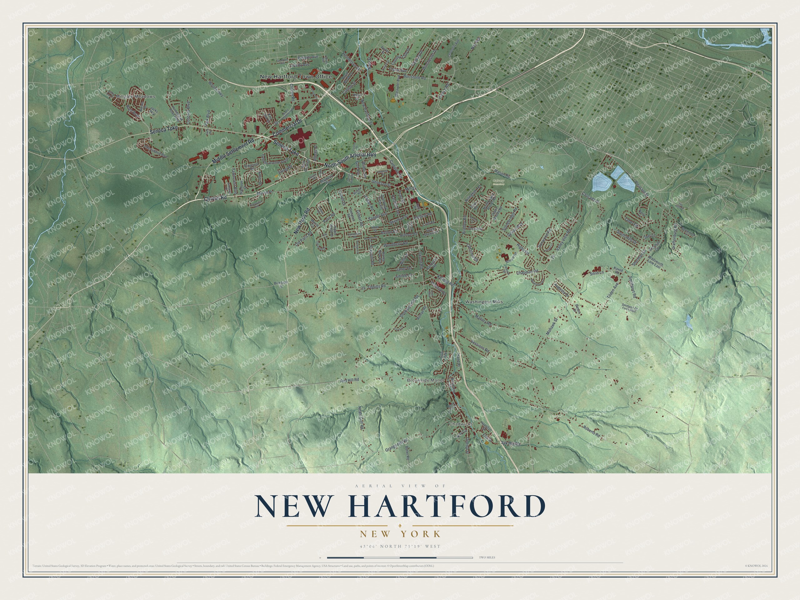 Detailed map of New Hartford, New York, showing streets, buildings, neighborhoods, and parks
